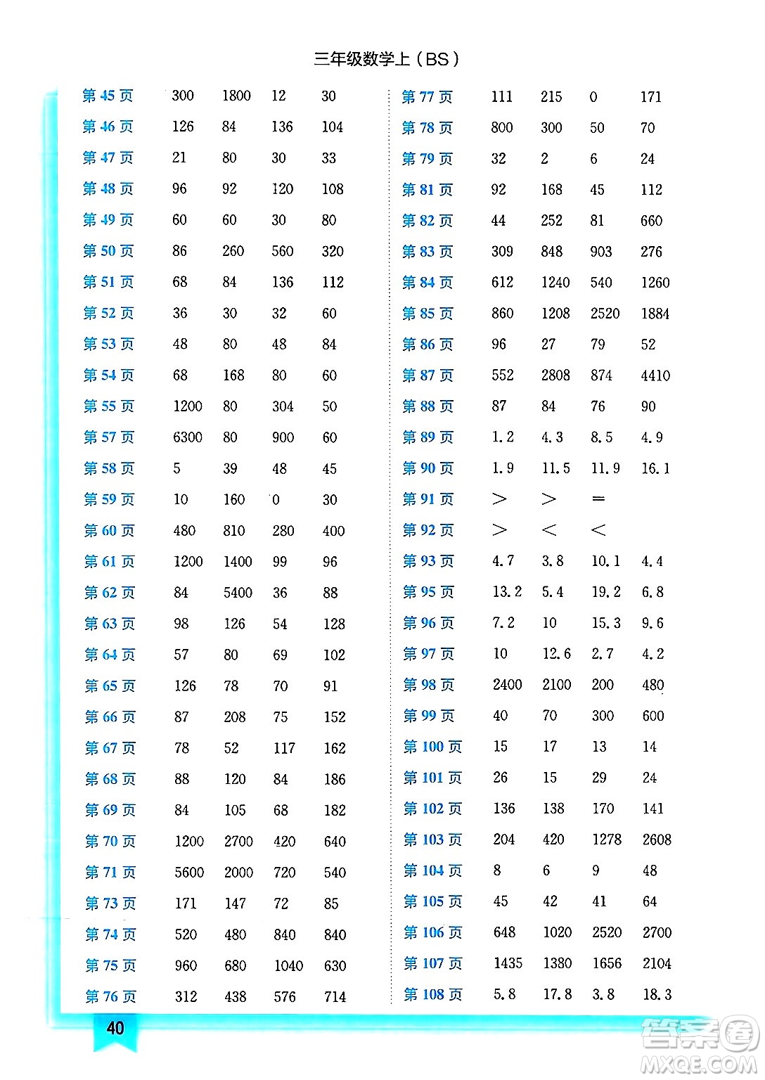 龍門書局2024年秋黃岡小狀元作業(yè)本三年級(jí)數(shù)學(xué)上冊(cè)北師大版答案