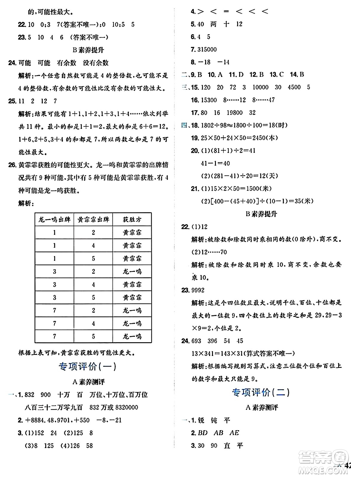 龍門書局2024年秋黃岡小狀元達(dá)標(biāo)卷四年級數(shù)學(xué)上冊北師大版答案