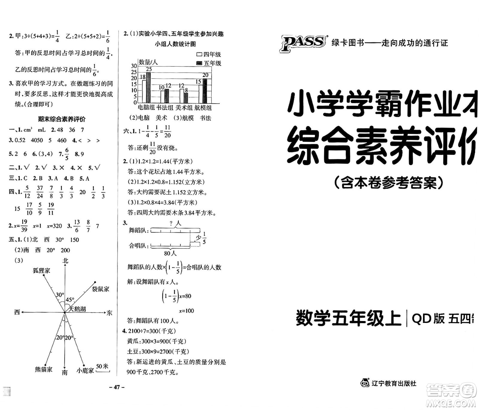 遼寧教育出版社2024年秋PASS小學(xué)學(xué)霸作業(yè)本五年級數(shù)學(xué)上冊青島版五四制答案