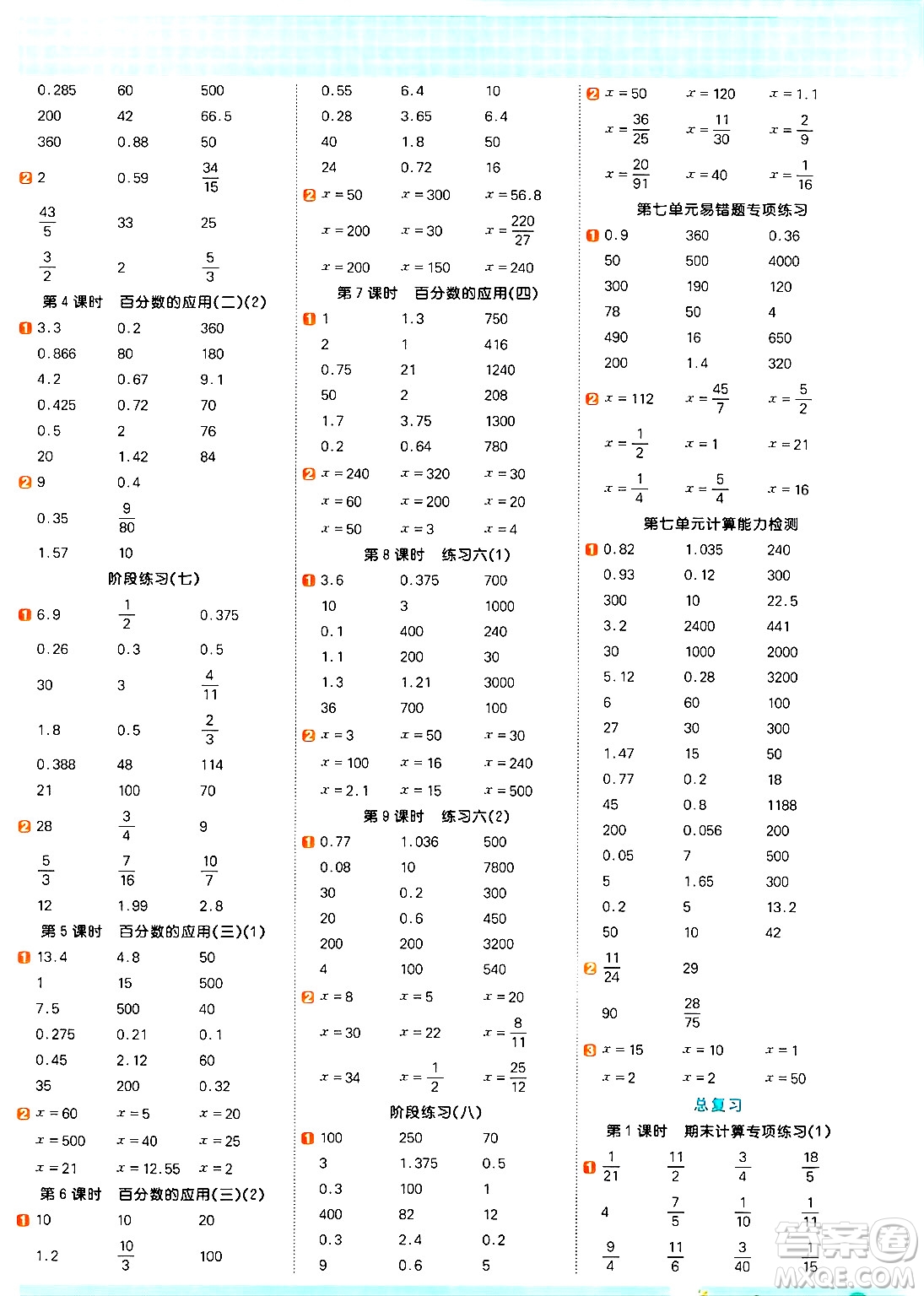 江西教育出版社2024年秋陽光同學(xué)計算小達(dá)人六年級數(shù)學(xué)上冊北師大版答案