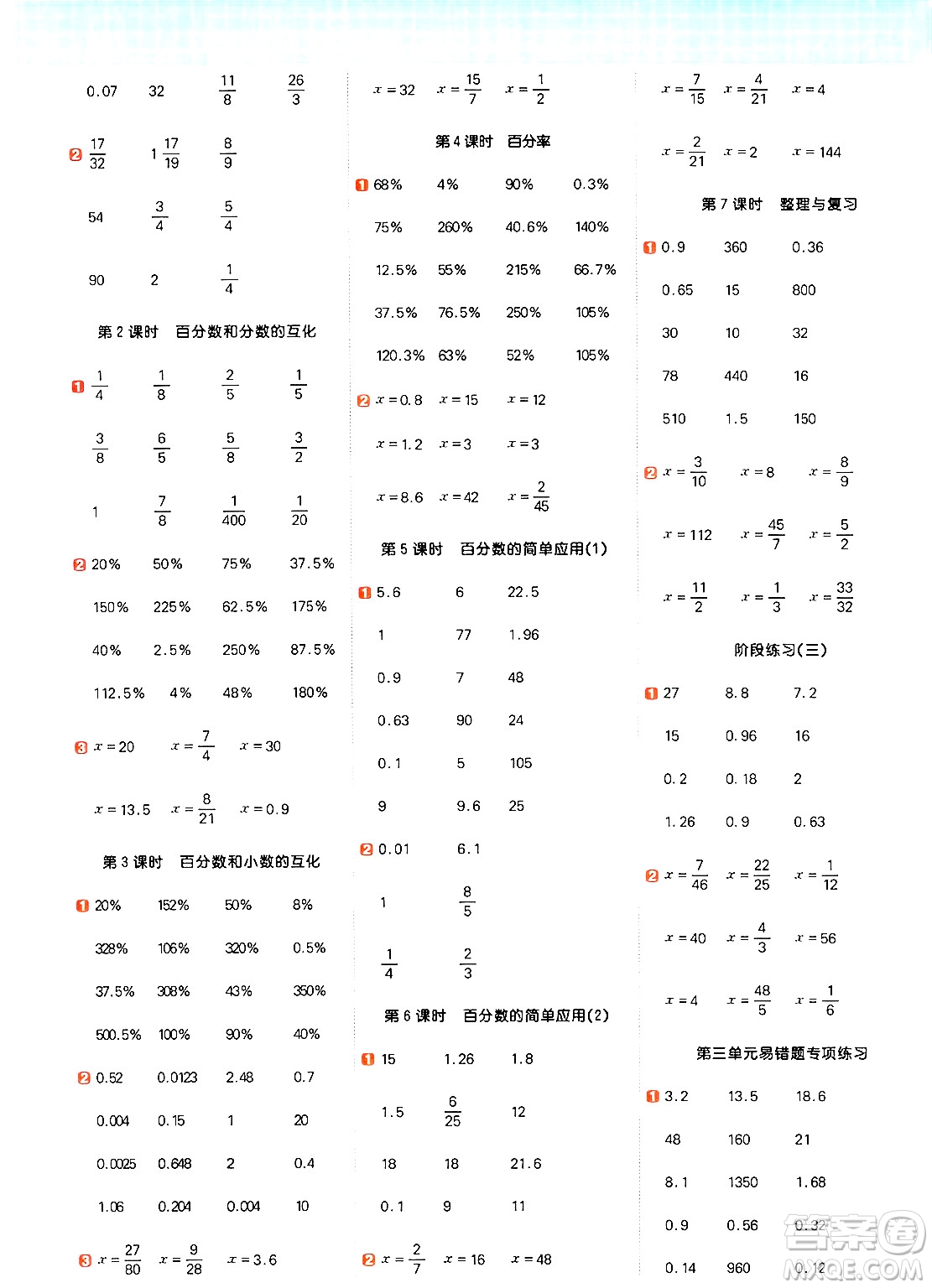 江西教育出版社2024年秋陽光同學計算小達人六年級數學上冊冀教版答案