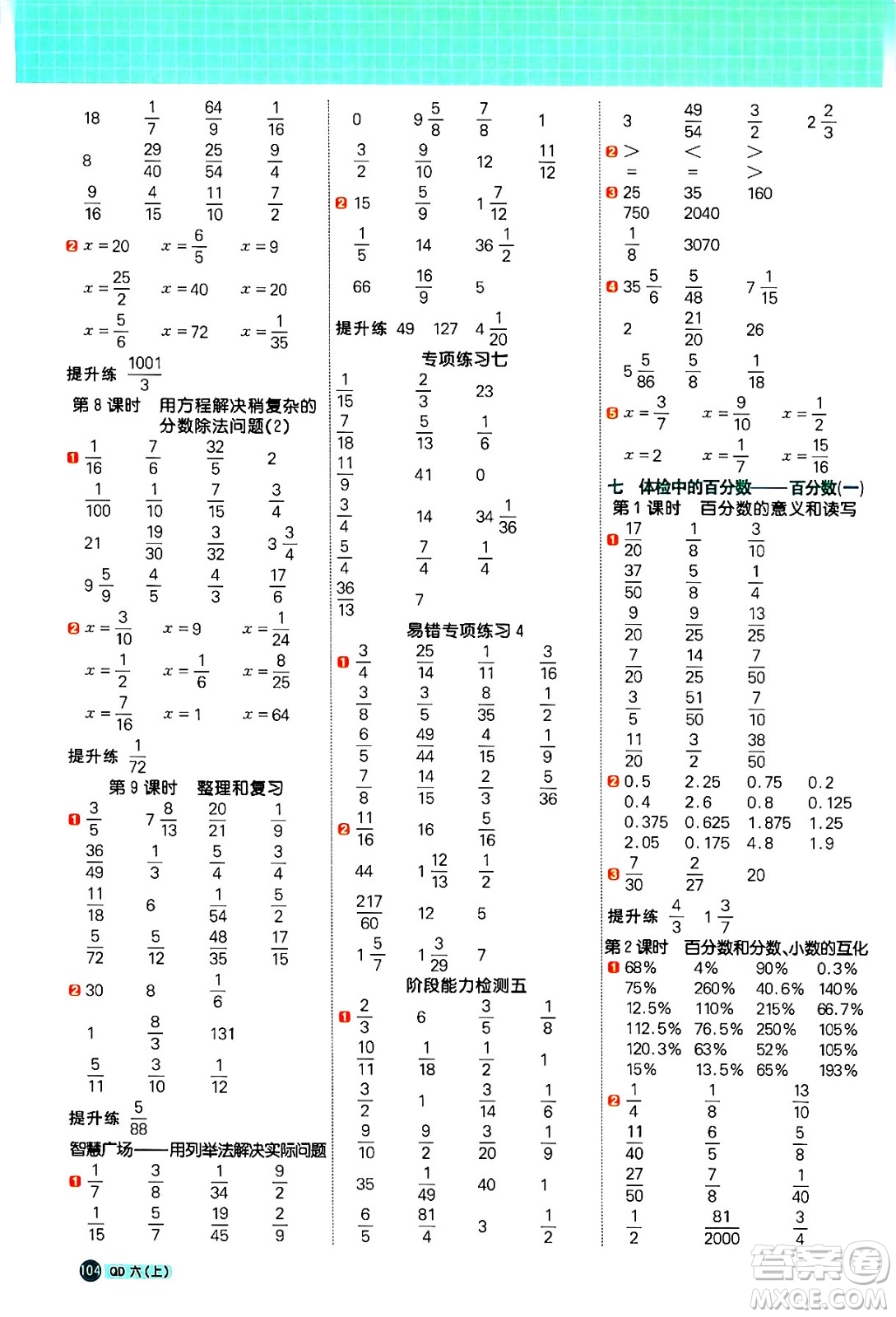 江西教育出版社2024年秋陽光同學計算小達人六年級數(shù)學上冊青島版答案