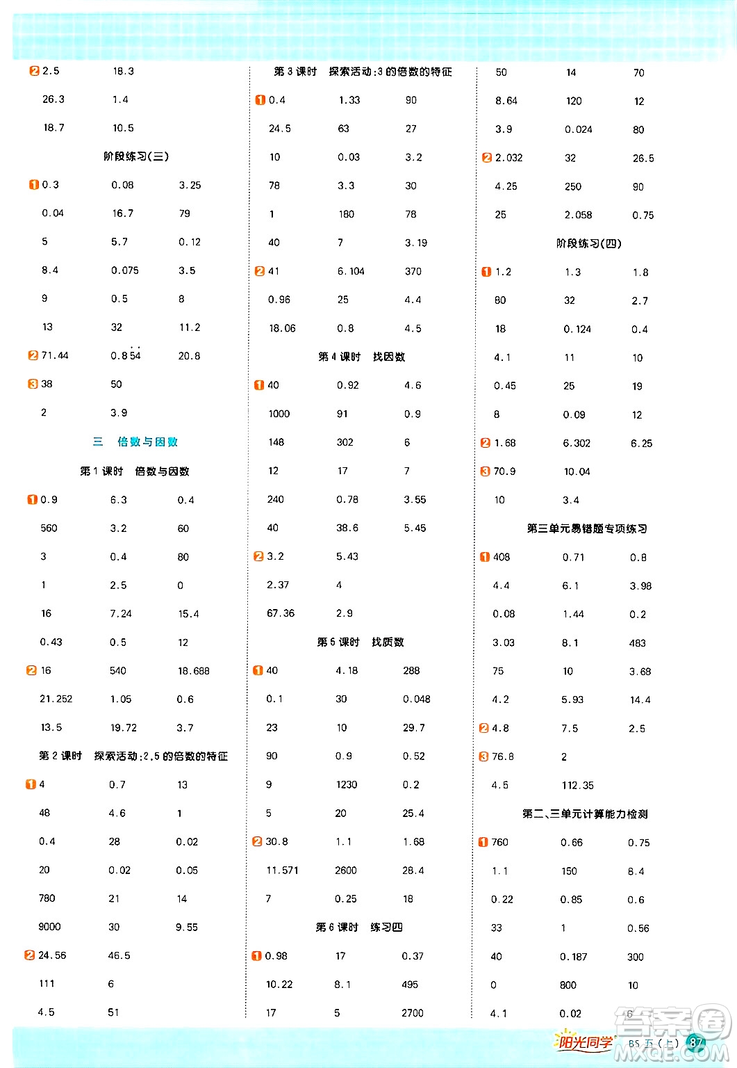 江西教育出版社2024年秋陽光同學(xué)計算小達人五年級數(shù)學(xué)上冊北師大版答案