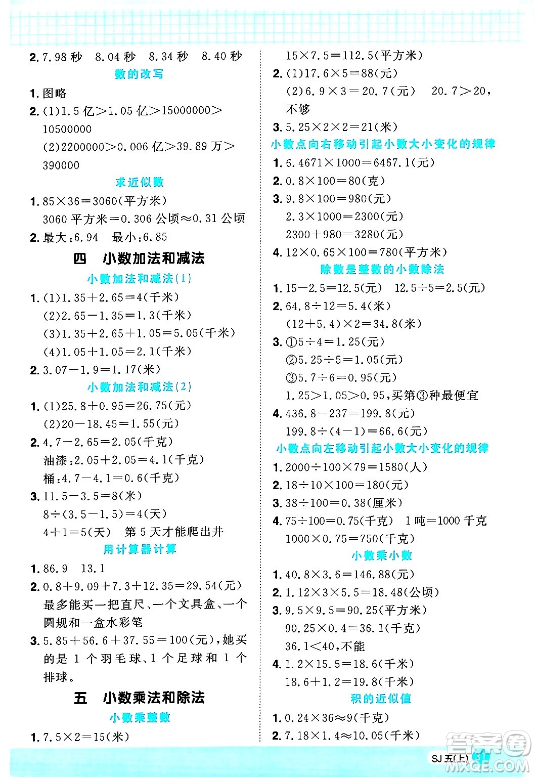 江西教育出版社2024年秋陽光同學(xué)計(jì)算小達(dá)人五年級(jí)數(shù)學(xué)上冊(cè)蘇教版答案