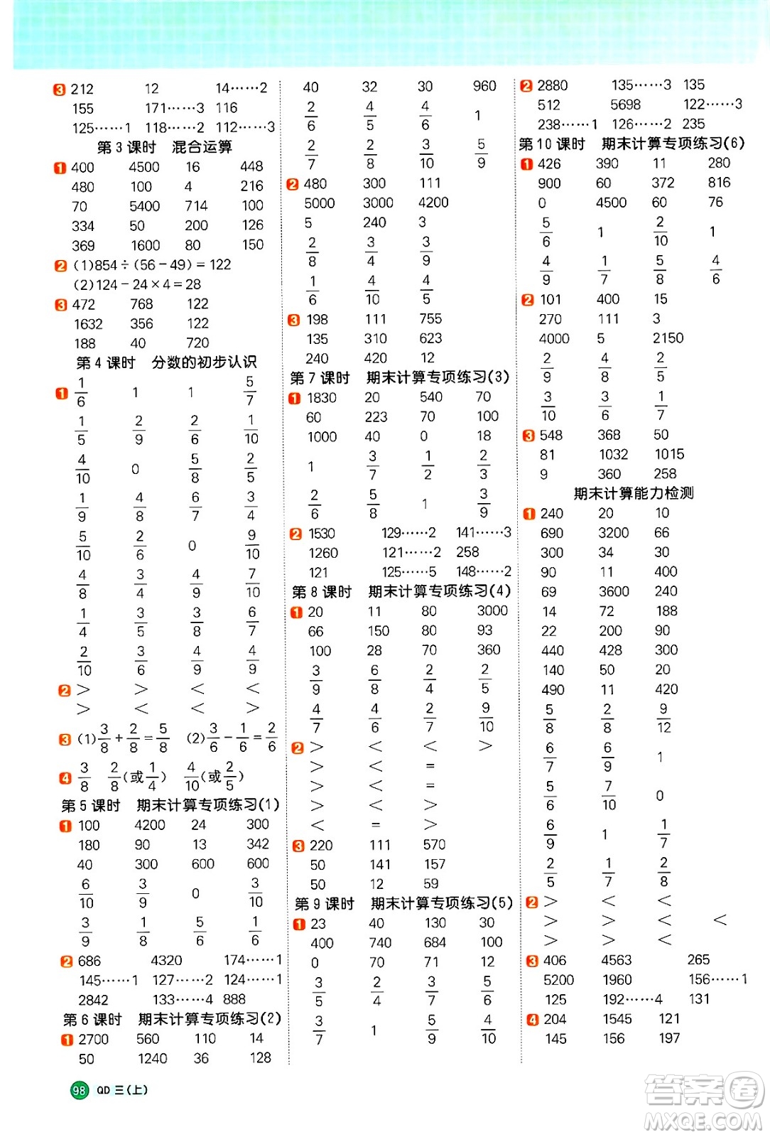 江西教育出版社2024年秋陽(yáng)光同學(xué)計(jì)算小達(dá)人三年級(jí)數(shù)學(xué)上冊(cè)青島版答案