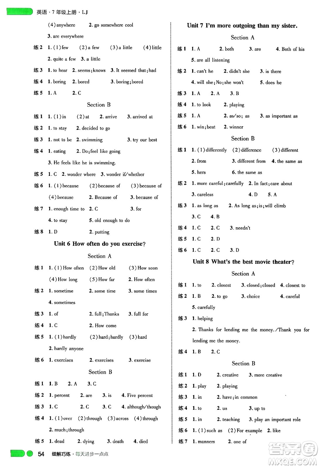 延邊大學(xué)出版社2024年秋細(xì)解巧練七年級(jí)英語(yǔ)上冊(cè)魯教版答案