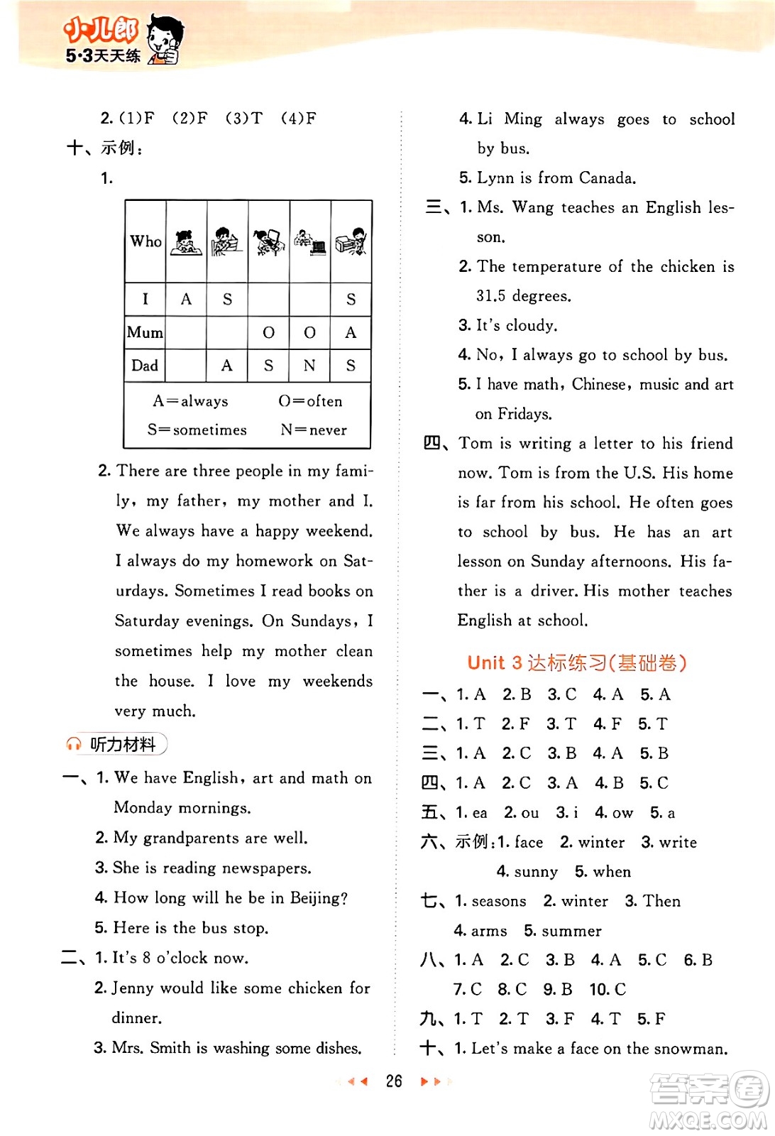 西安出版社2024年秋53天天練六年級(jí)英語(yǔ)上冊(cè)冀教版答案