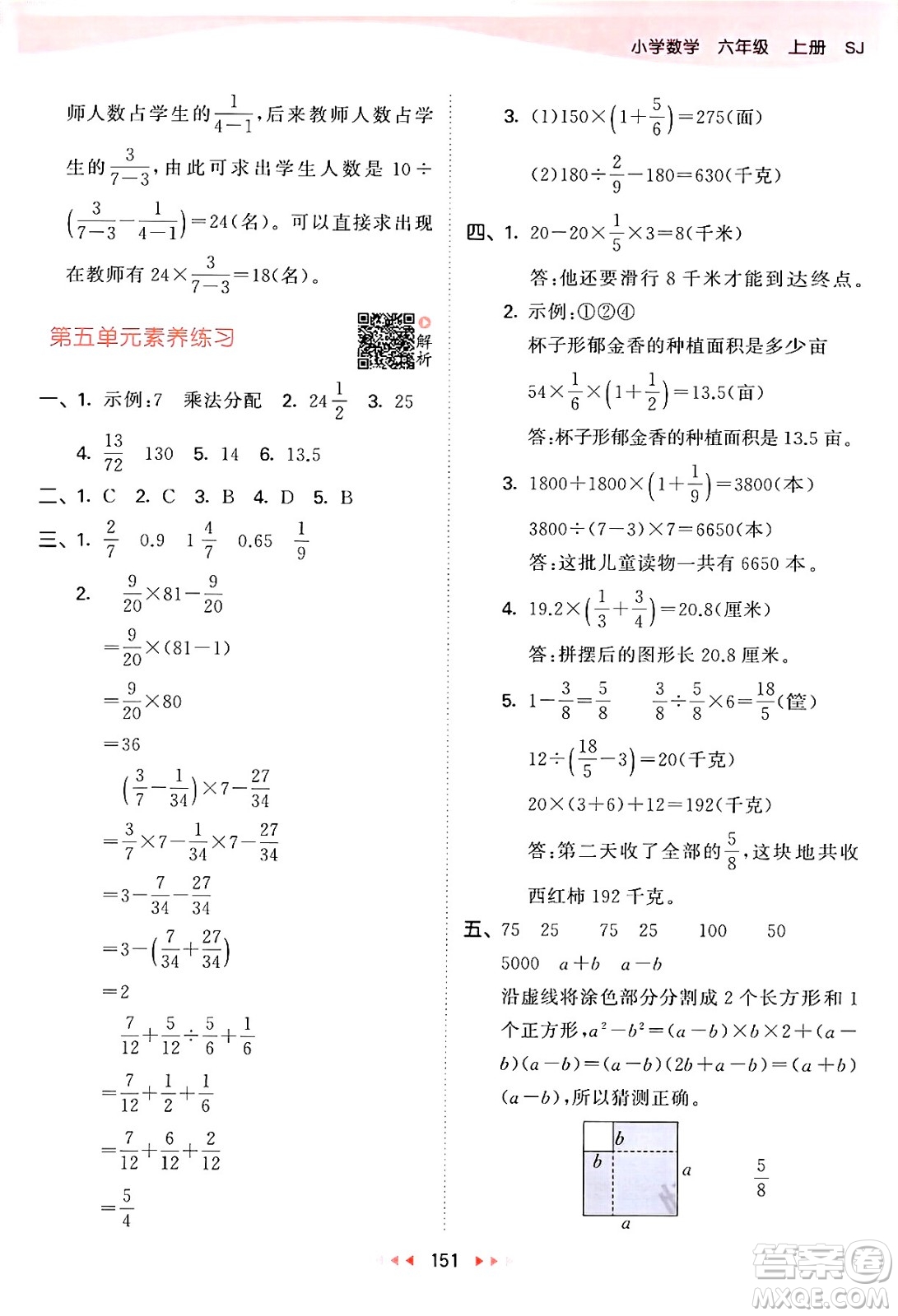 山東畫報出版社2024年秋53天天練六年級數(shù)學上冊蘇教版答案