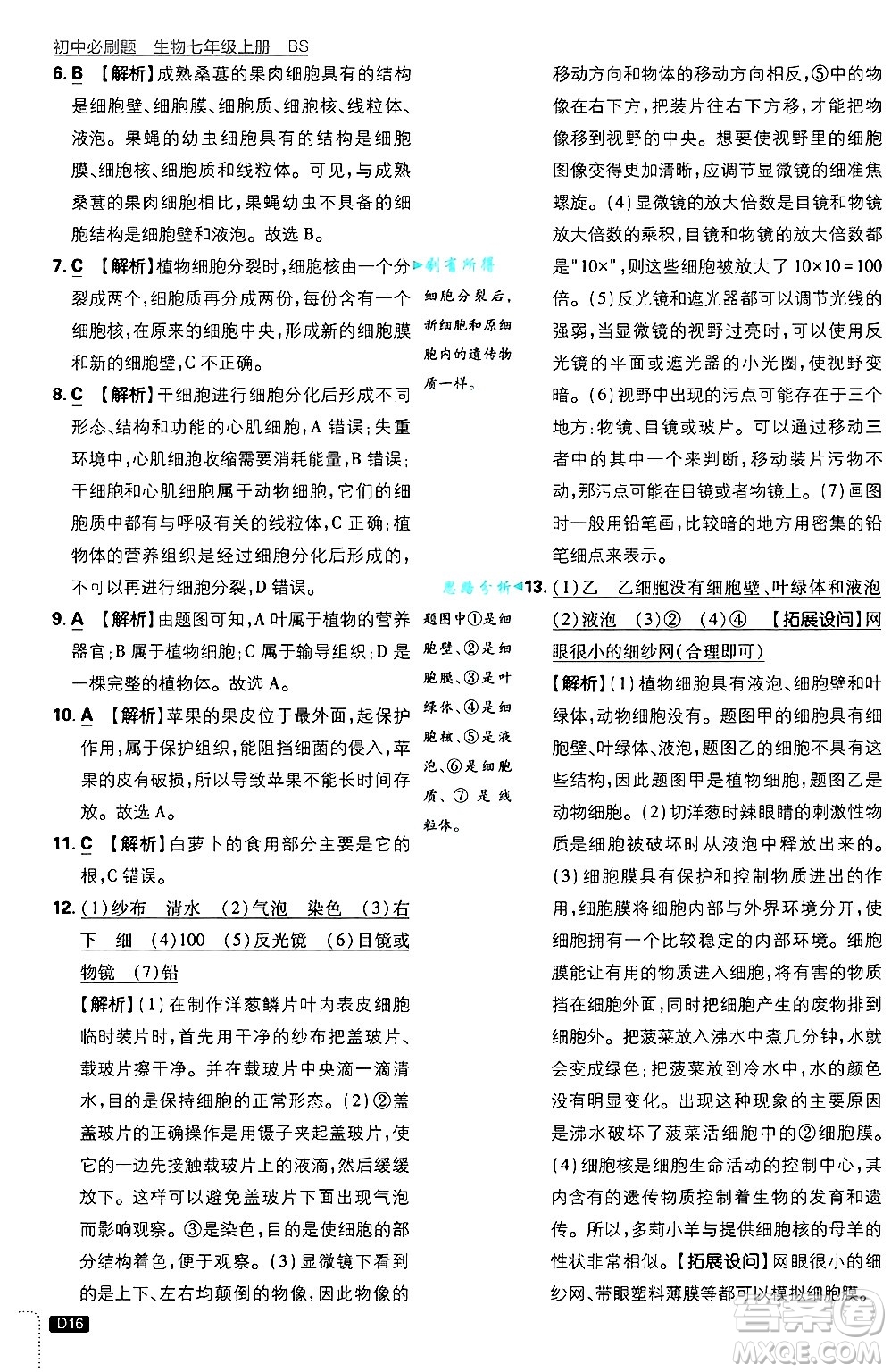 開明出版社2025屆初中必刷題拔尖提優(yōu)訓(xùn)練七年級生物上冊北師大版答案