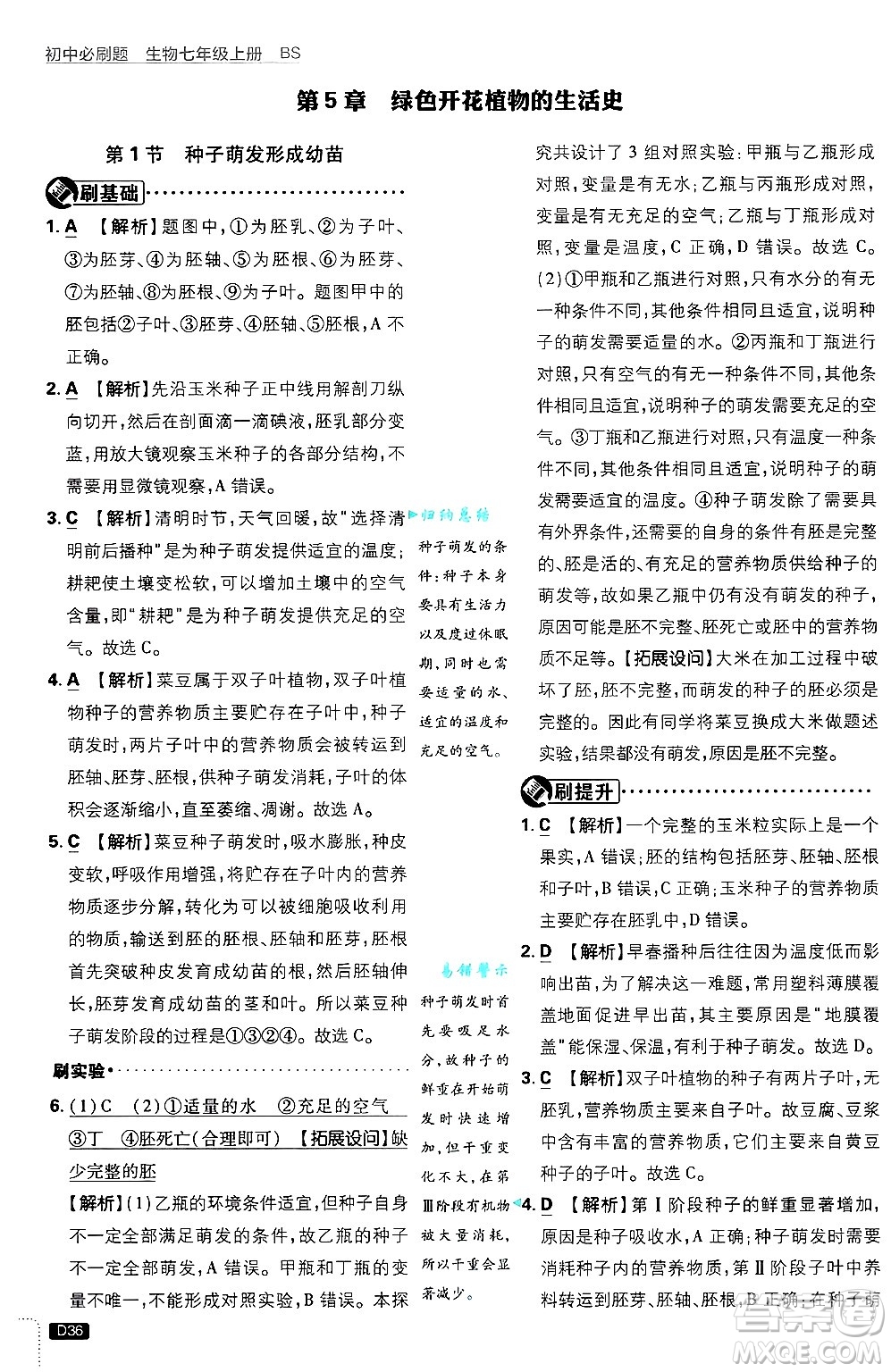 開明出版社2025屆初中必刷題拔尖提優(yōu)訓(xùn)練七年級生物上冊北師大版答案