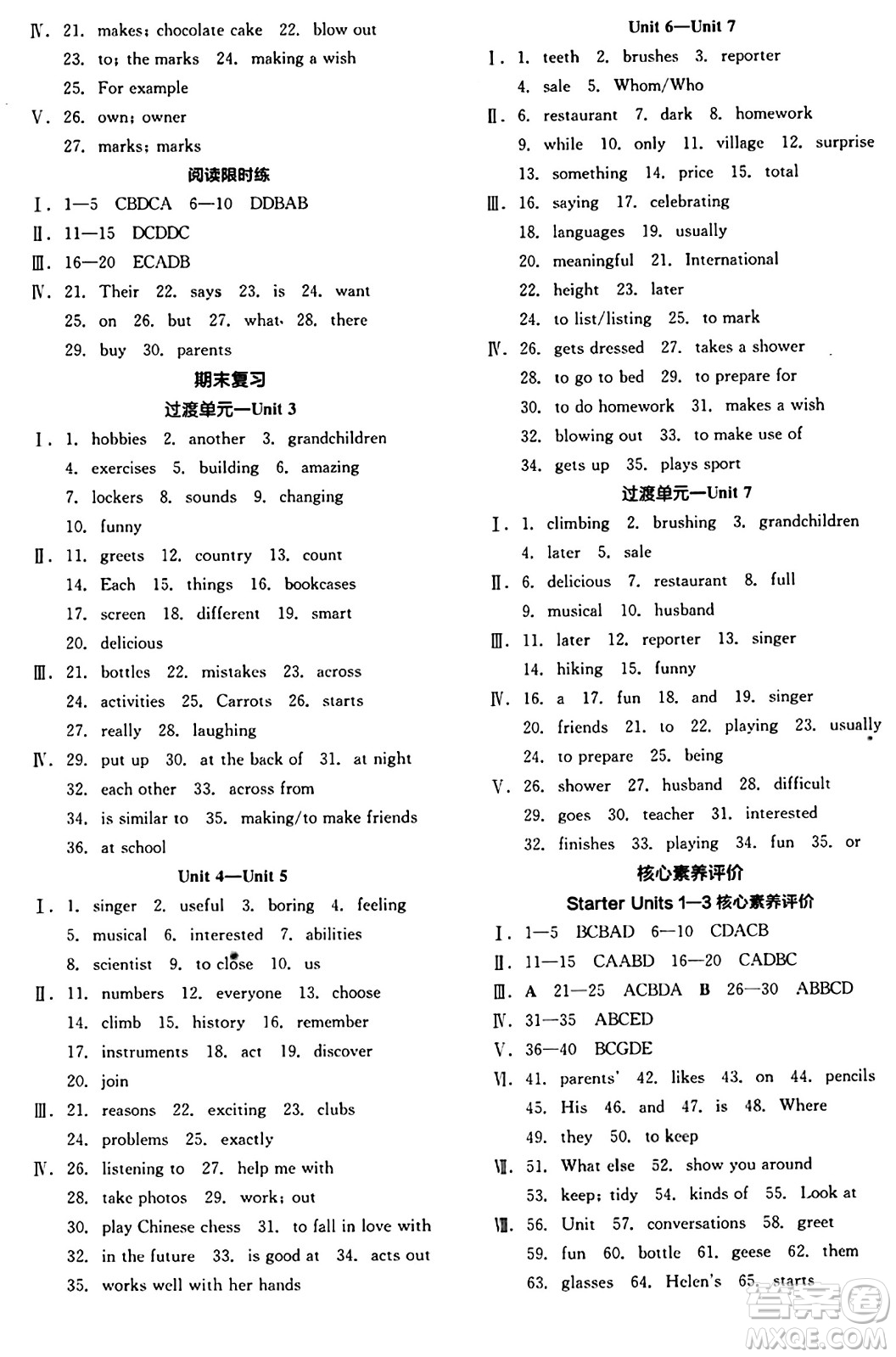 陽光出版社2024秋全品作業(yè)本七年級英語上冊人教版答案