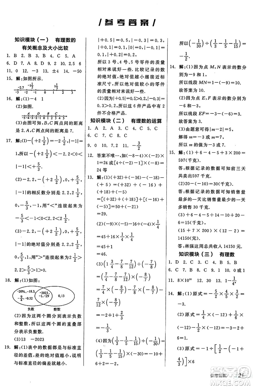 陽(yáng)光出版社2024秋全品作業(yè)本七年級(jí)數(shù)學(xué)上冊(cè)滬科版安徽專版答案