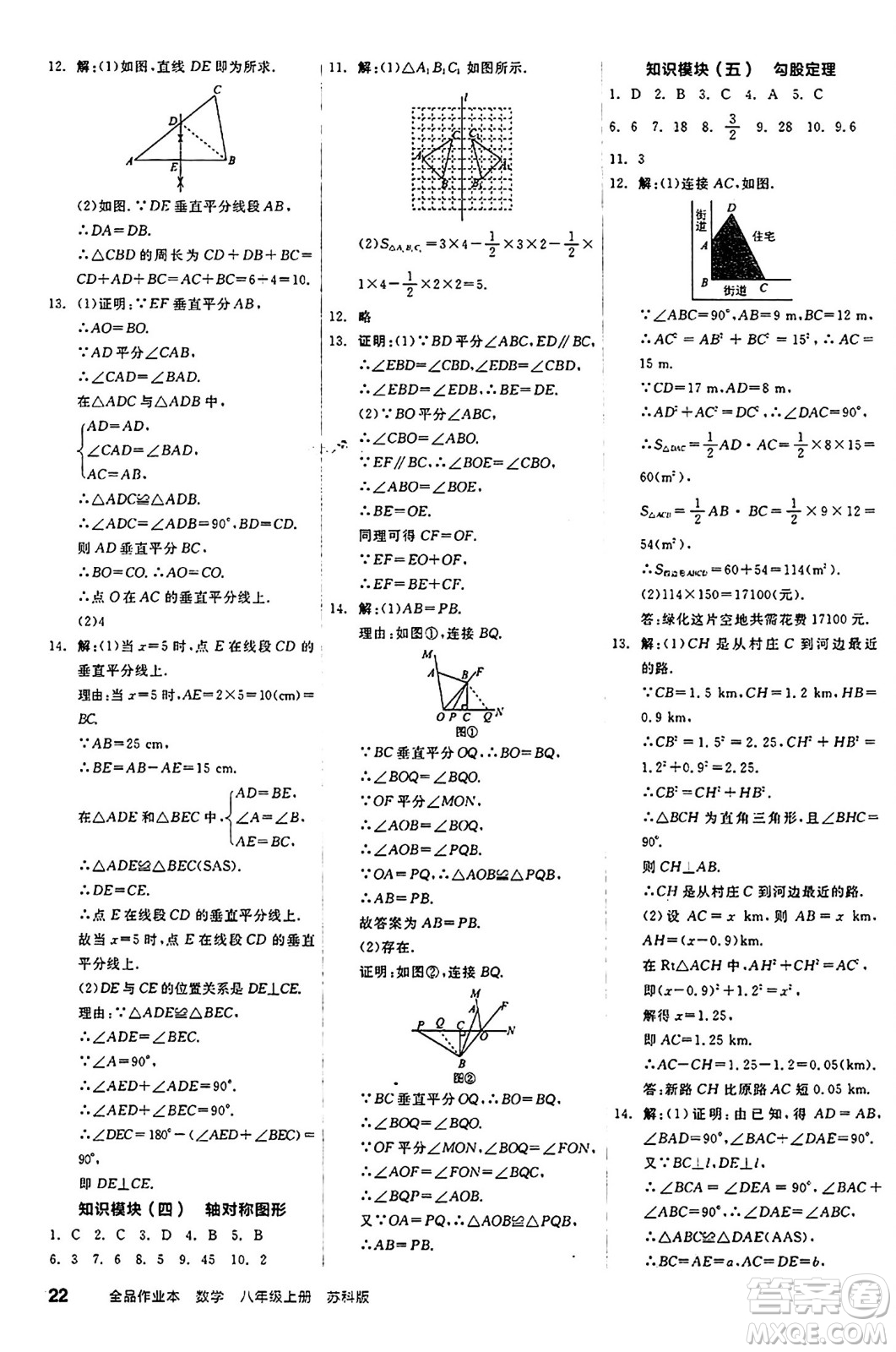 陽光出版社2024秋全品作業(yè)本八年級數(shù)學(xué)上冊蘇科版江蘇專版答案