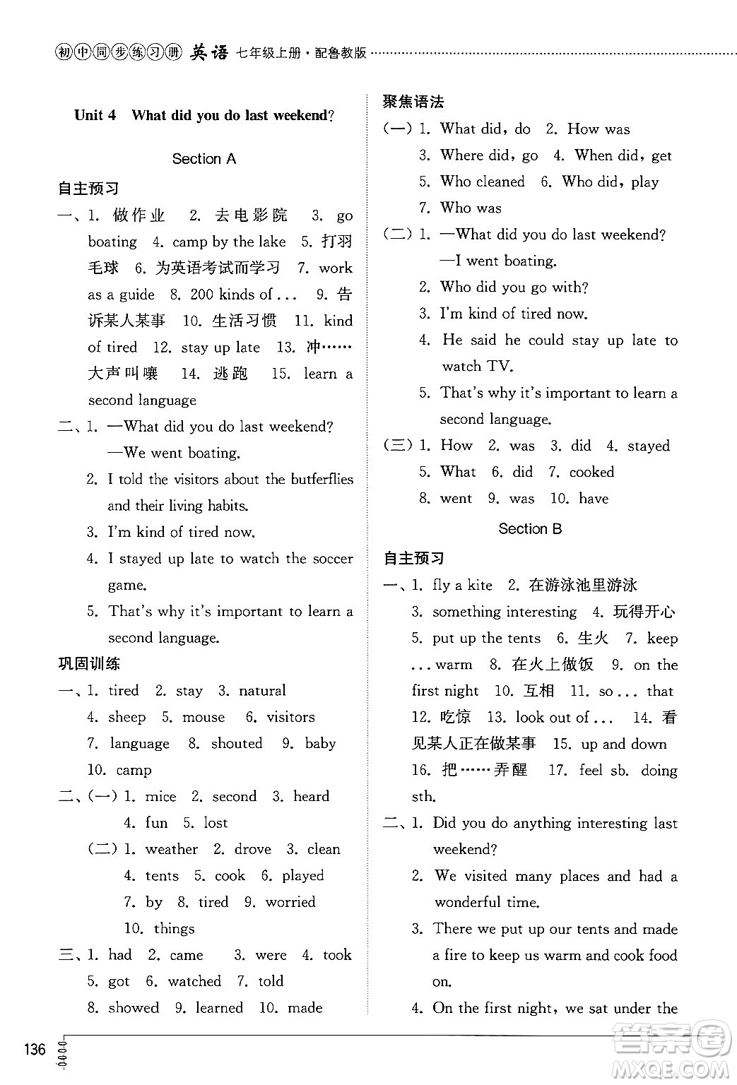 山東教育出版社2024秋初中同步練習(xí)冊七年級英語上冊魯教版五四制答案