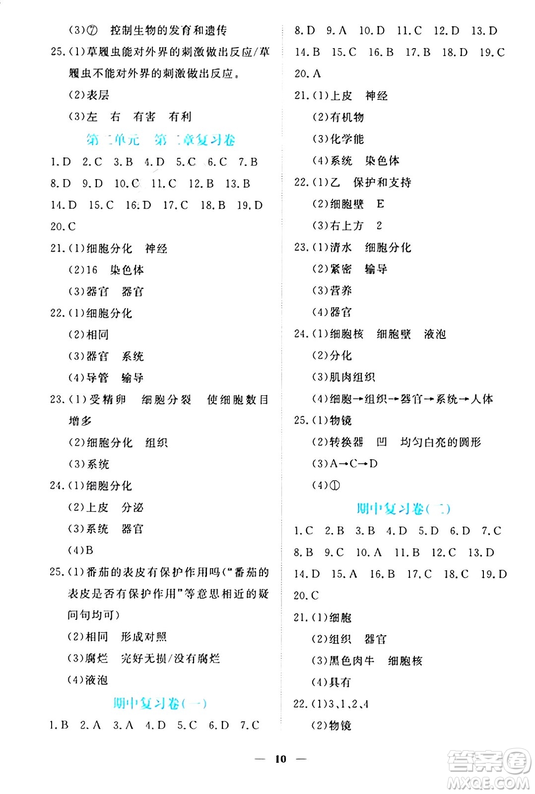 江西人民出版社2024年秋一課一練創(chuàng)新練習七年級生物上冊冀少版答案