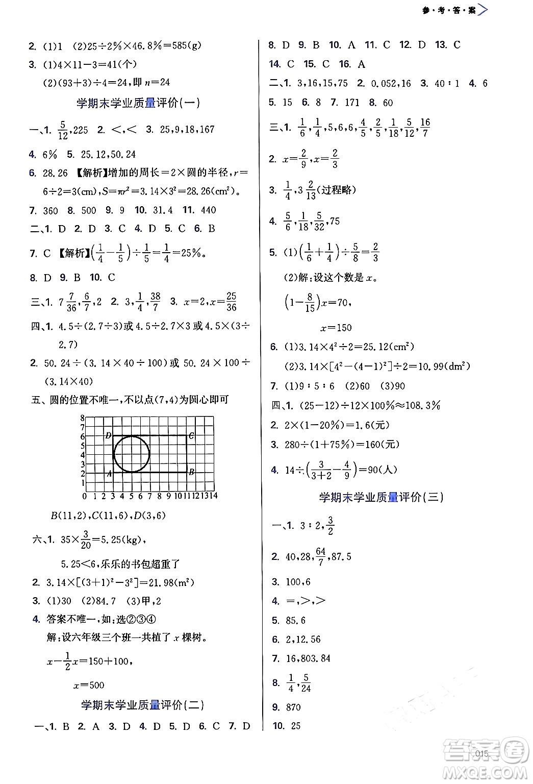 天津教育出版社2024年秋學(xué)習(xí)質(zhì)量監(jiān)測六年級(jí)數(shù)學(xué)上冊(cè)人教版答案