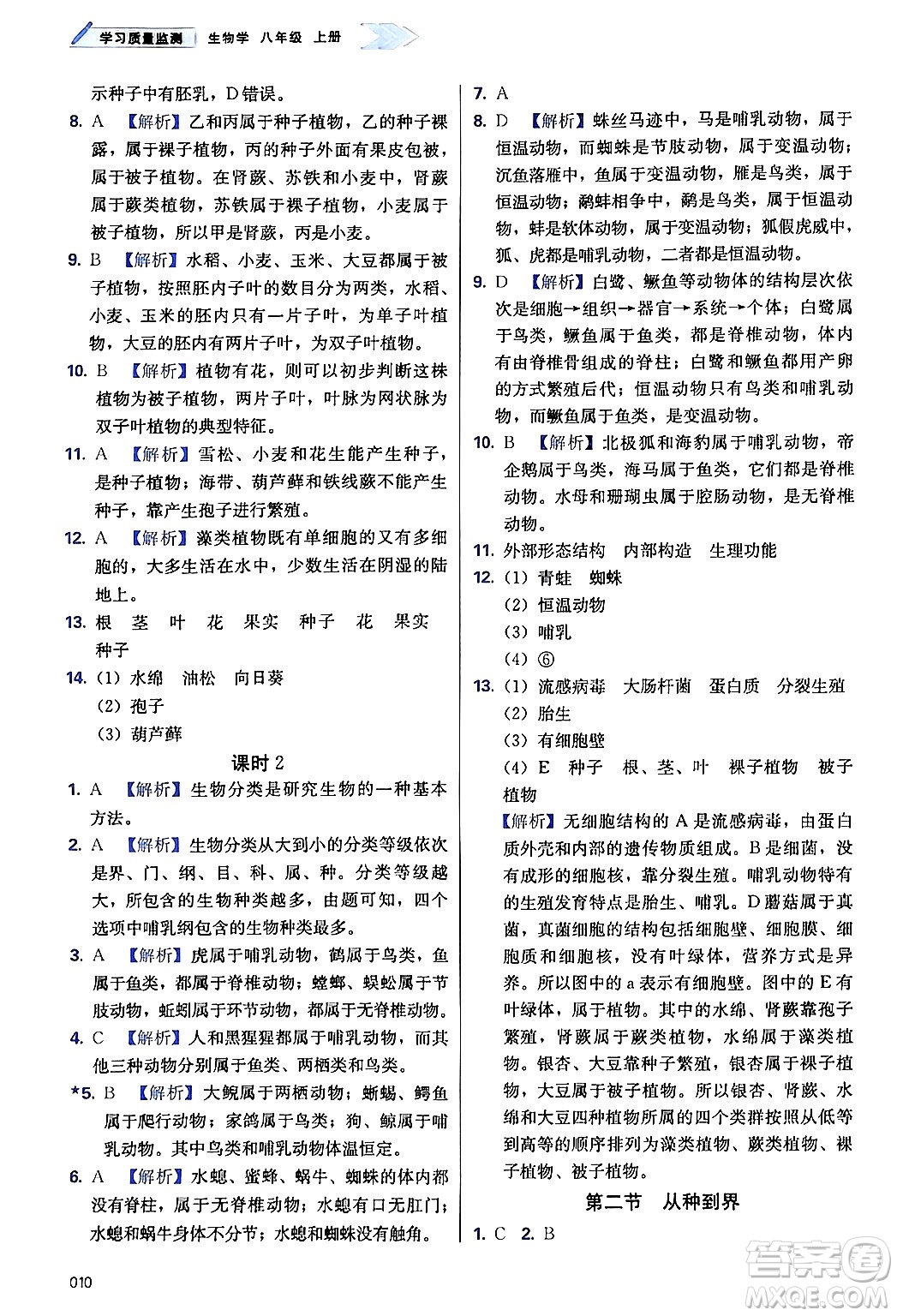 天津教育出版社2024年秋學(xué)習(xí)質(zhì)量監(jiān)測(cè)八年級(jí)生物上冊(cè)人教版答案