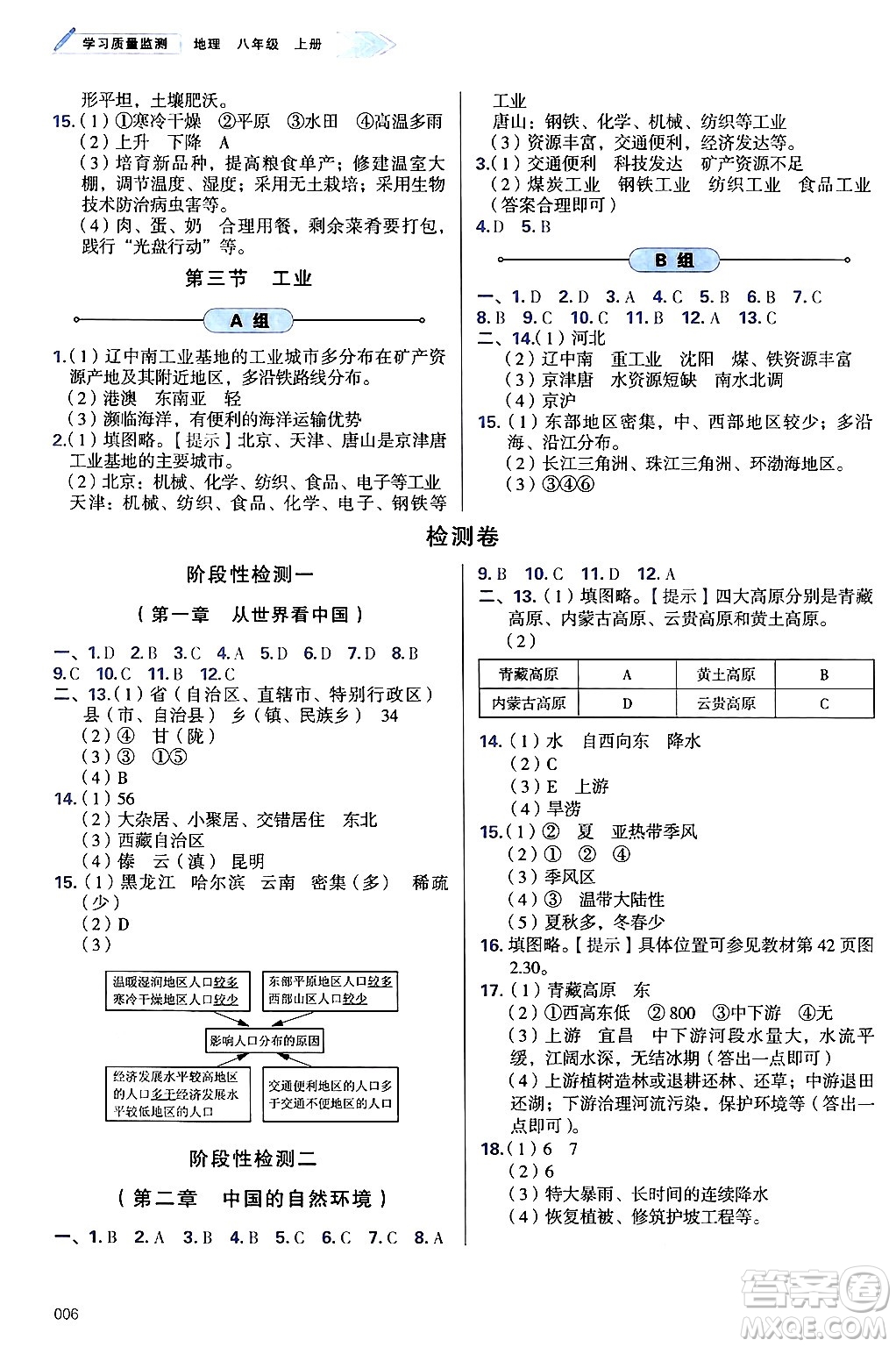 天津教育出版社2024年秋學(xué)習(xí)質(zhì)量監(jiān)測八年級地理上冊人教版答案