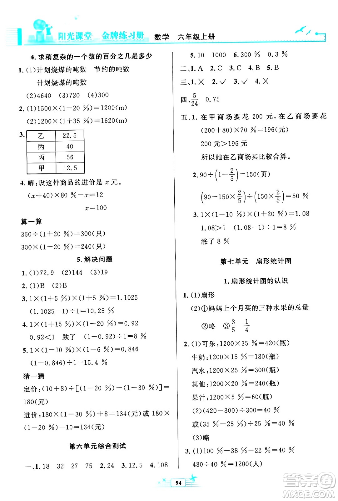 人民教育出版社2024年秋陽光課堂金牌練習冊六年級數(shù)學上冊人教版答案