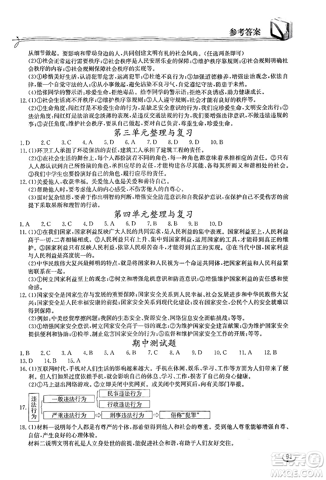 湖北教育出版社2024年秋長江作業(yè)本同步練習(xí)冊八年級道德與法治上冊人教版答案