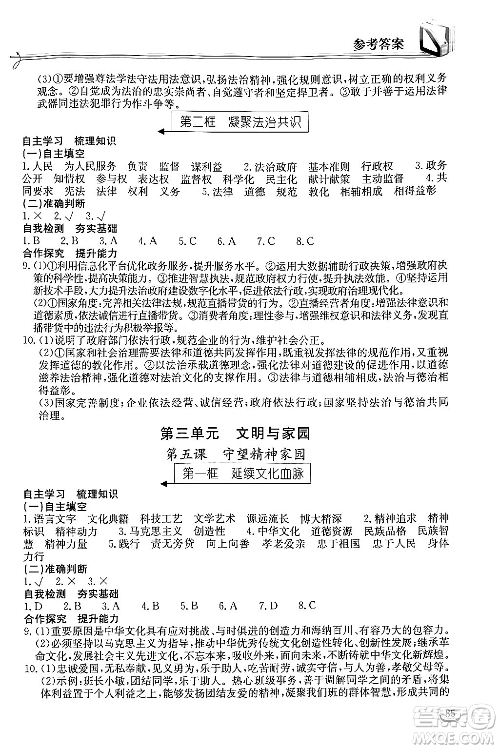 湖北教育出版社2024年秋長江作業(yè)本同步練習(xí)冊九年級道德與法治上冊人教版答案