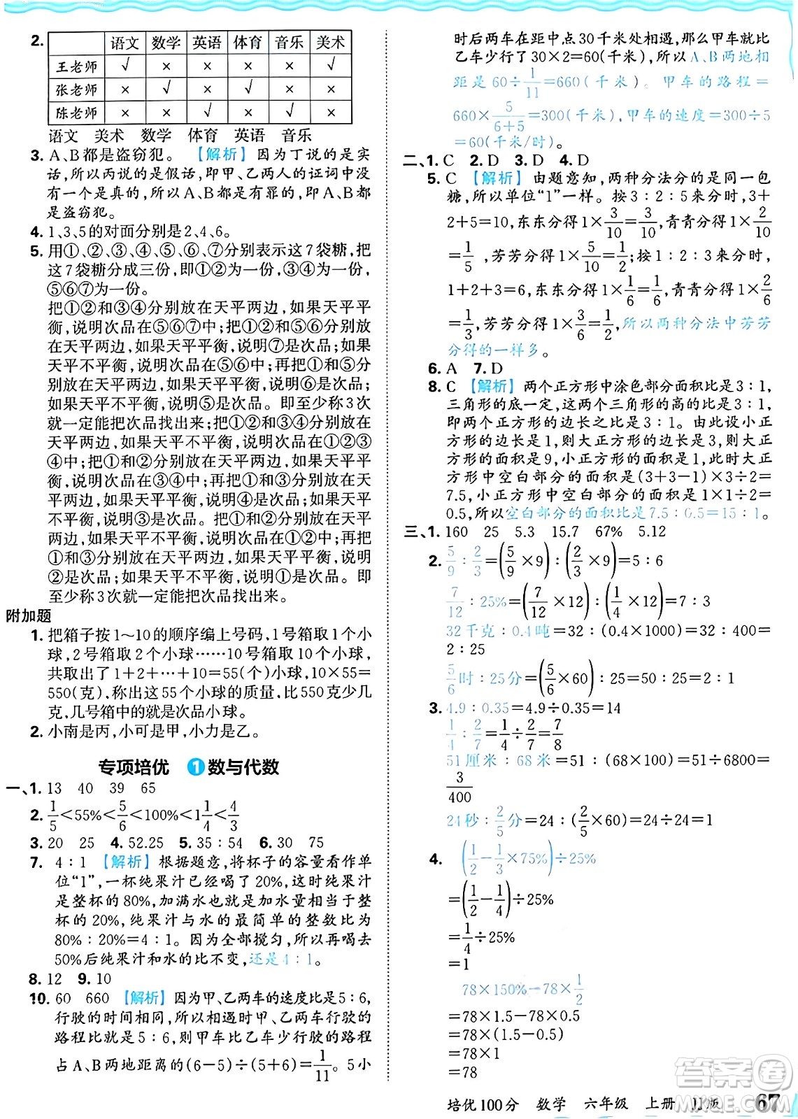 江西人民出版社2024年秋王朝霞培優(yōu)100分六年級數(shù)學(xué)上冊冀教版答案