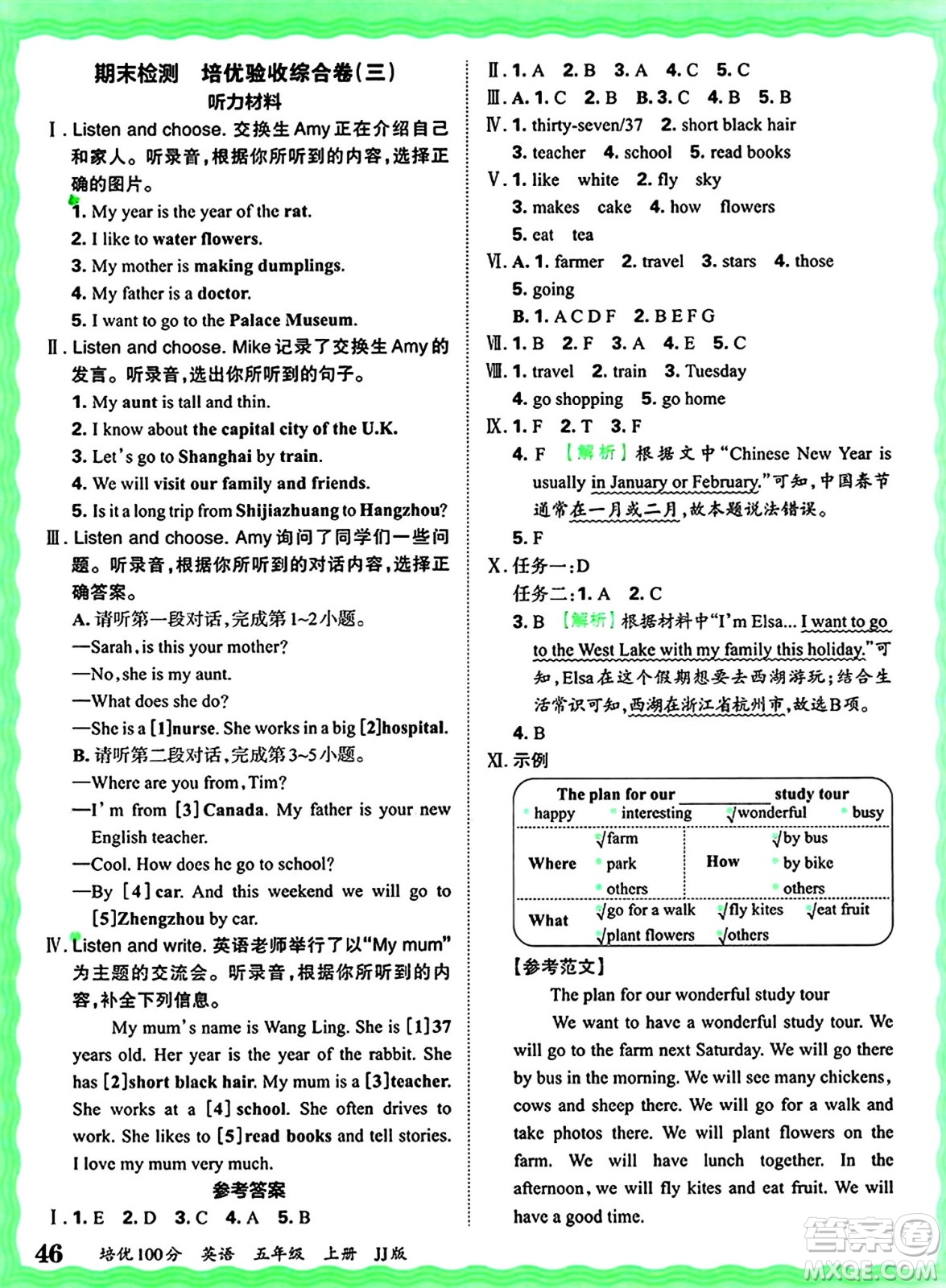 江西人民出版社2024年秋王朝霞培優(yōu)100分五年級英語上冊冀教版答案