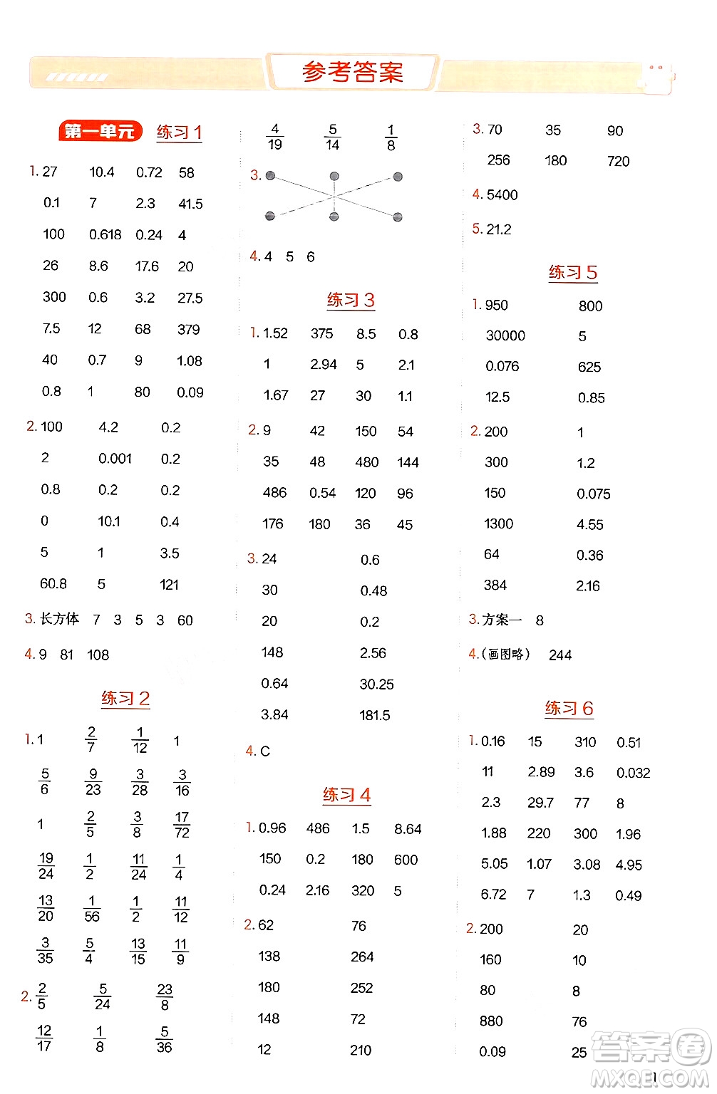 安徽教育出版社2024年秋榮德基星級口算天天練六年級數(shù)學(xué)上冊蘇教版答案