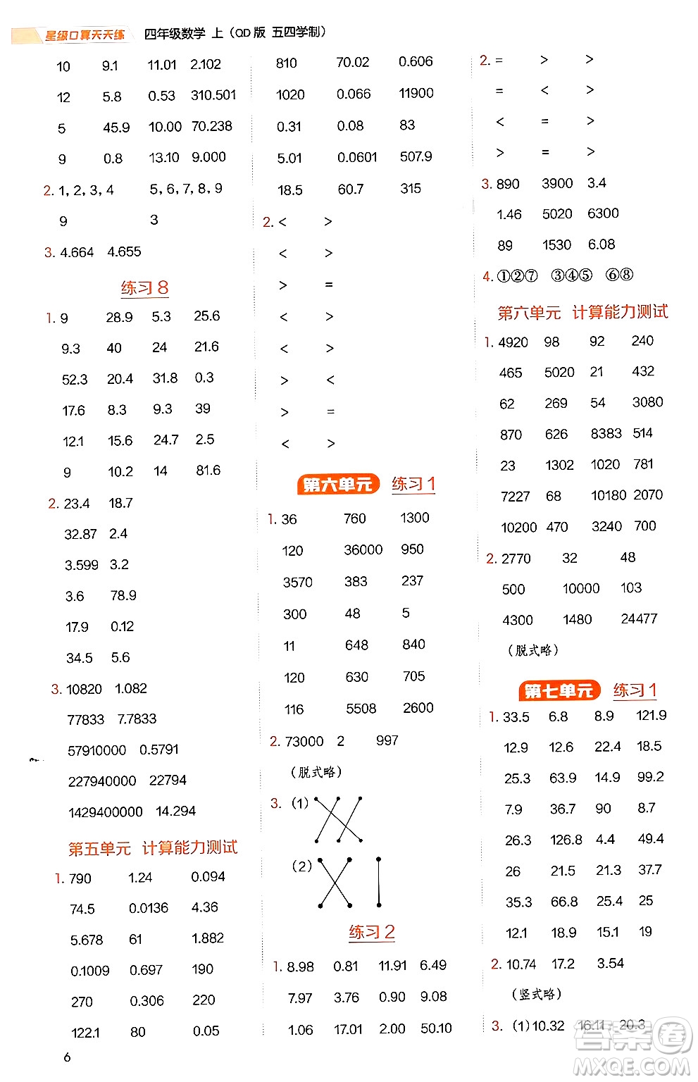 安徽教育出版社2024年秋榮德基星級口算天天練四年級數(shù)學(xué)上冊青島版五四制答案