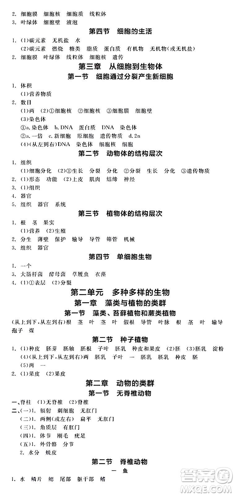 陽光出版社2024年秋全品學練考七年級生物上冊人教版答案