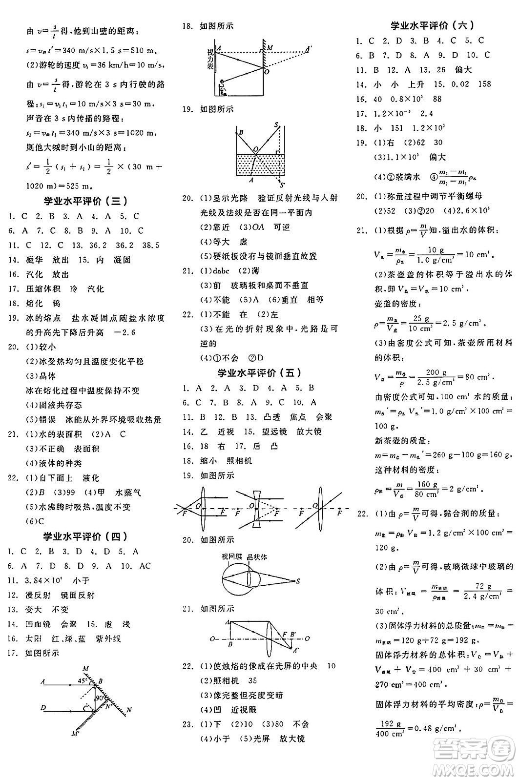 陽(yáng)光出版社2024年秋全品學(xué)練考八年級(jí)物理上冊(cè)人教版答案