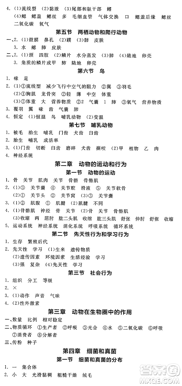 陽光出版社2024年秋全品學練考八年級生物上冊人教版答案