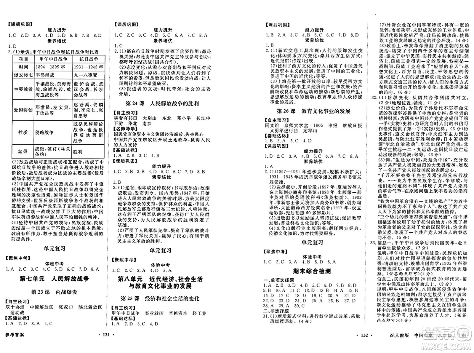 人民教育出版社2024年秋同步導(dǎo)學(xué)與優(yōu)化訓(xùn)練八年級(jí)中國歷史上冊(cè)人教版答案