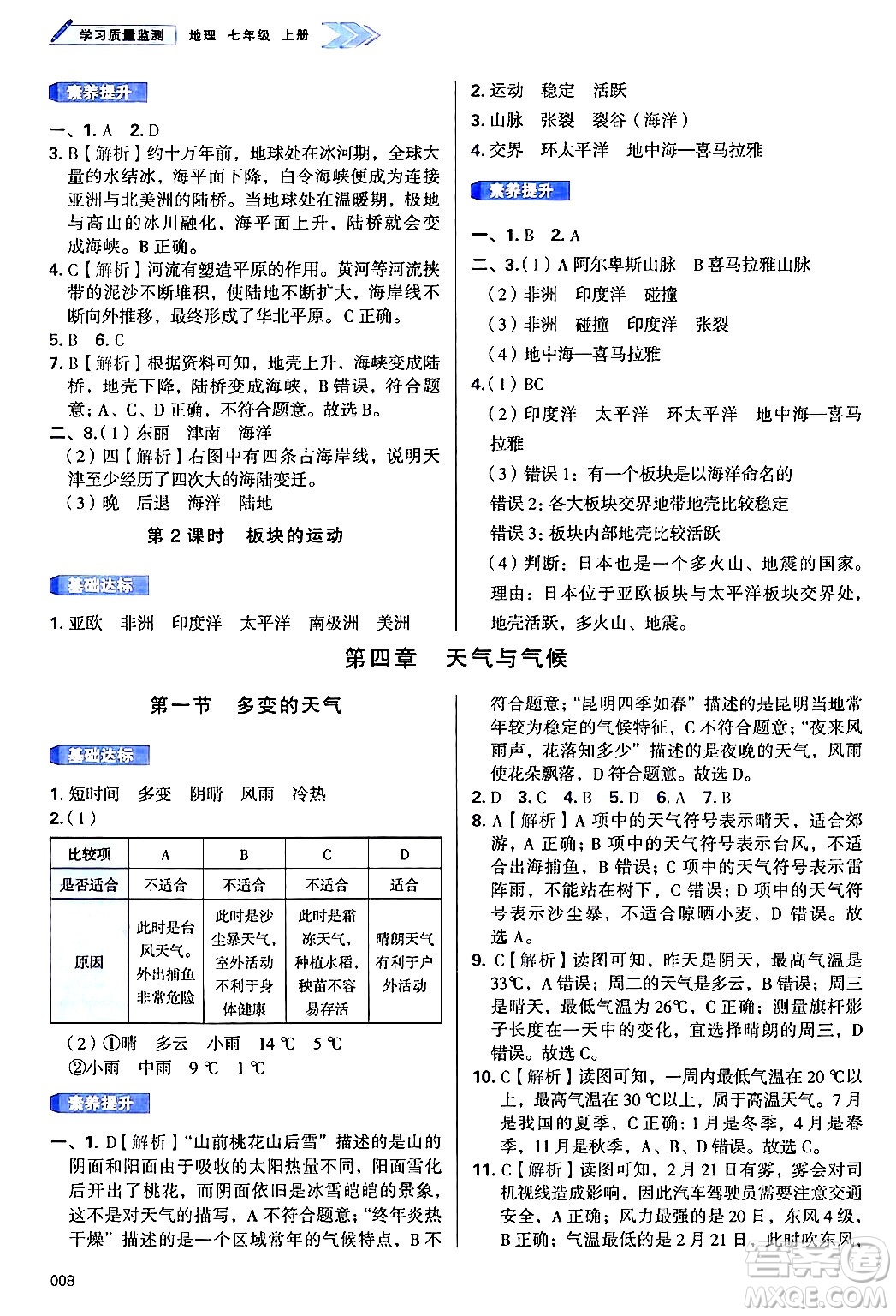 天津教育出版社2024年秋學(xué)習(xí)質(zhì)量監(jiān)測七年級地理上冊人教版答案