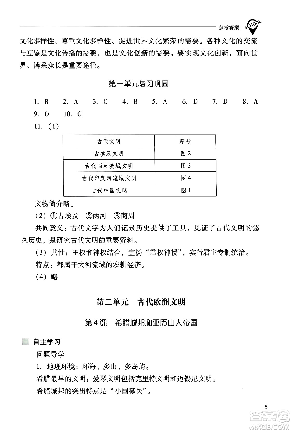 山西教育出版社2024年秋新課程問題解決導學方案九年級世界歷史上冊人教版答案