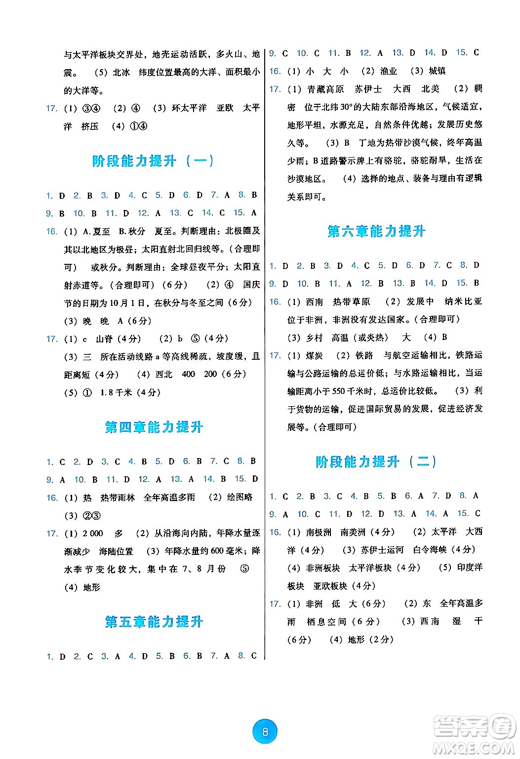 人民教育出版社2024年秋能力培養(yǎng)與測(cè)試七年級(jí)地理上冊(cè)人教版答案