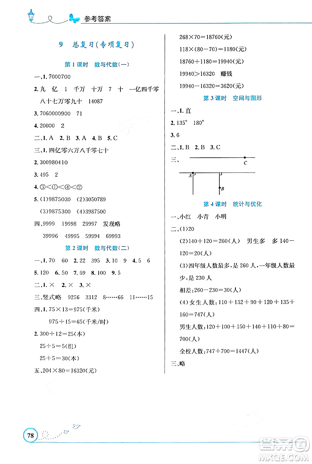 人民教育出版社2024年秋小學同步測控優(yōu)化設(shè)計四年級數(shù)學上冊人教版福建專版答案