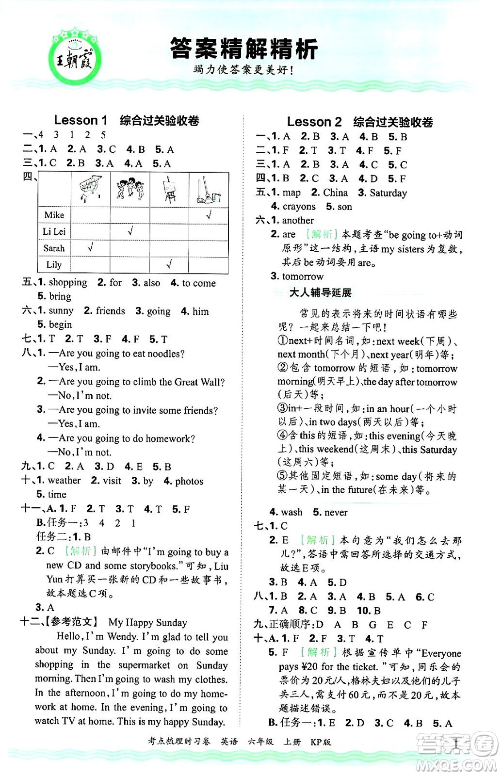 江西人民出版社2024年秋王朝霞考點(diǎn)梳理時習(xí)卷六年級英語上冊科普版答案