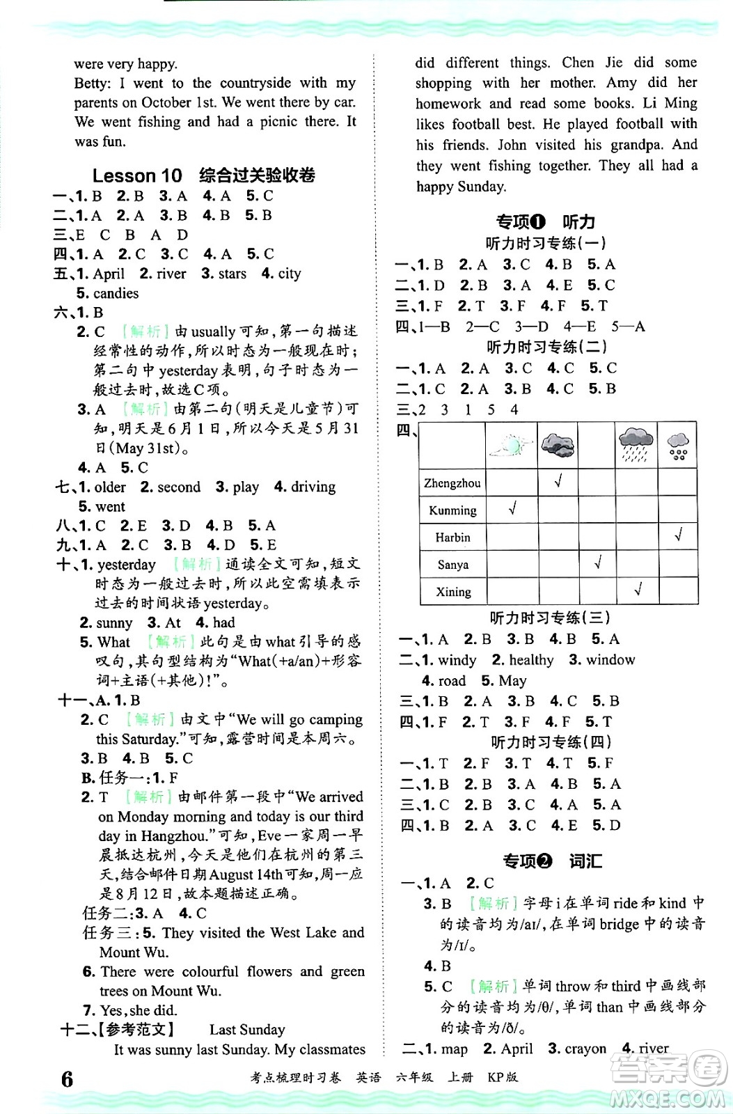 江西人民出版社2024年秋王朝霞考點(diǎn)梳理時習(xí)卷六年級英語上冊科普版答案