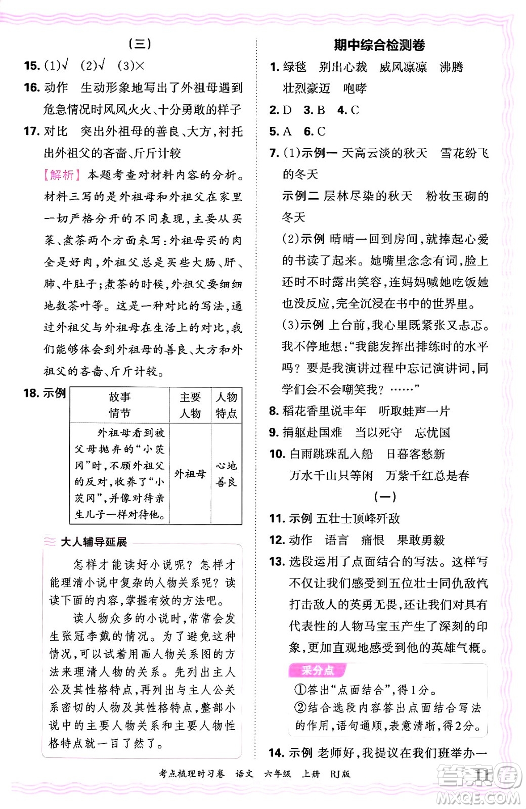 江西人民出版社2024年秋王朝霞考點梳理時習(xí)卷六年級語文上冊人教版答案