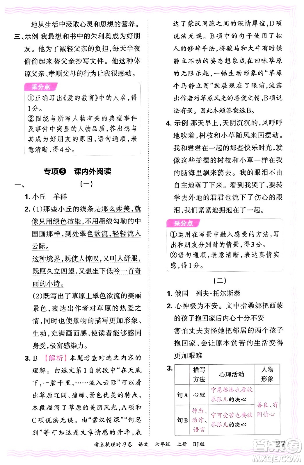 江西人民出版社2024年秋王朝霞考點梳理時習(xí)卷六年級語文上冊人教版答案