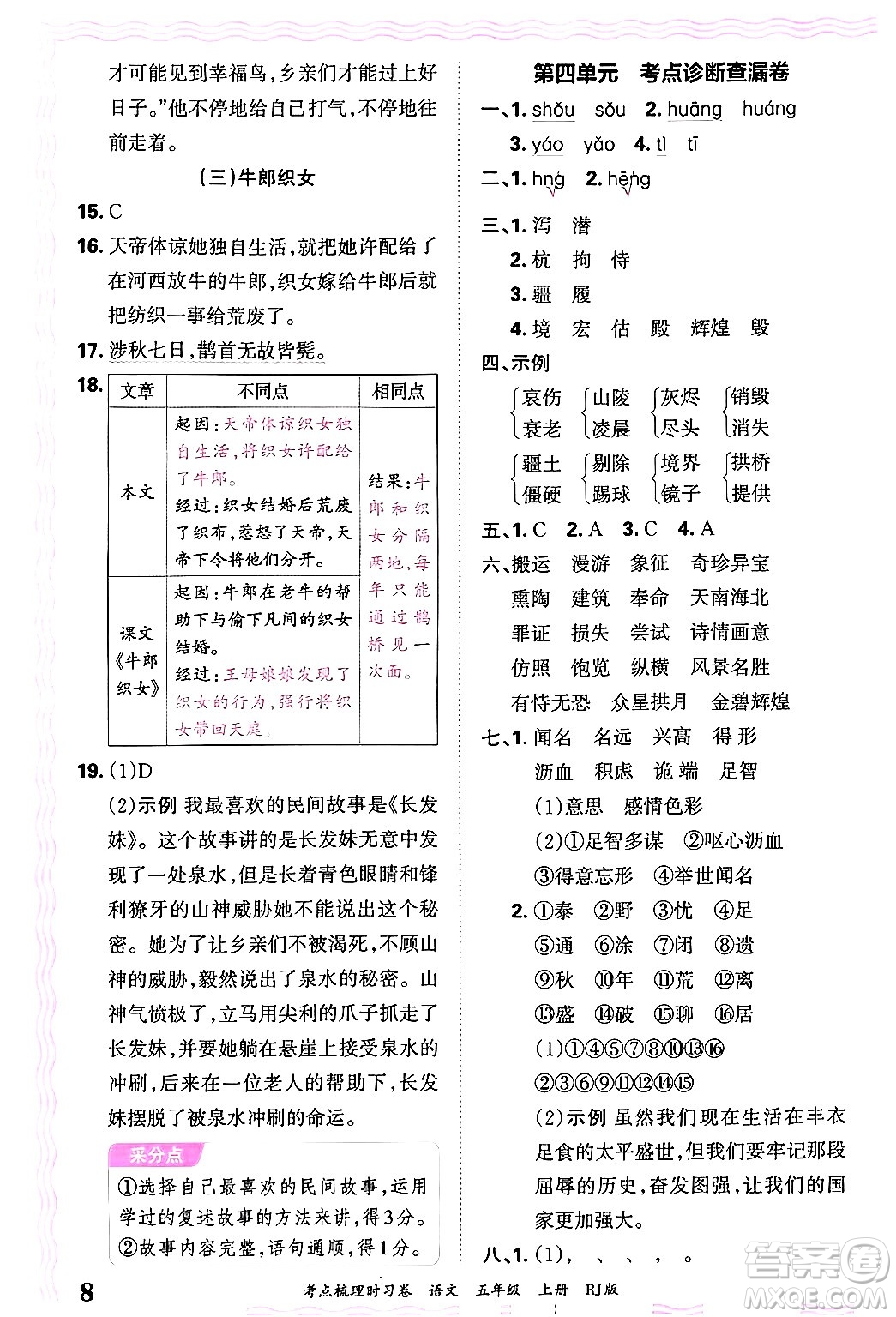 江西人民出版社2024年秋王朝霞考點(diǎn)梳理時(shí)習(xí)卷五年級(jí)語(yǔ)文上冊(cè)人教版答案