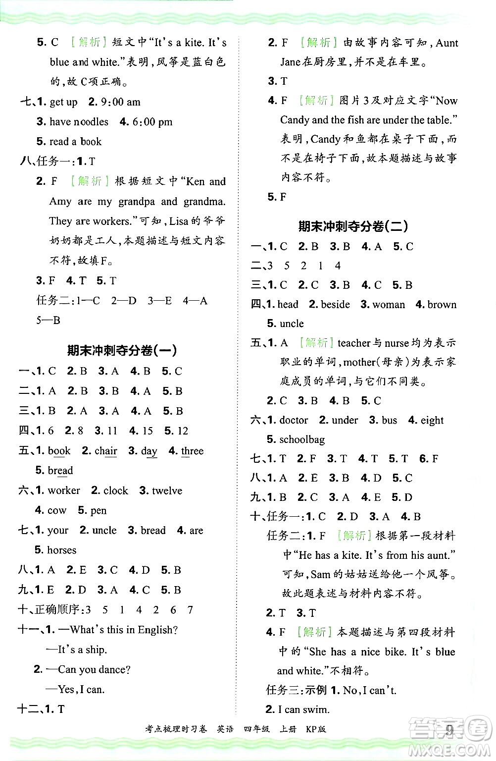 江西人民出版社2024年秋王朝霞考點(diǎn)梳理時(shí)習(xí)卷四年級英語上冊科普版答案