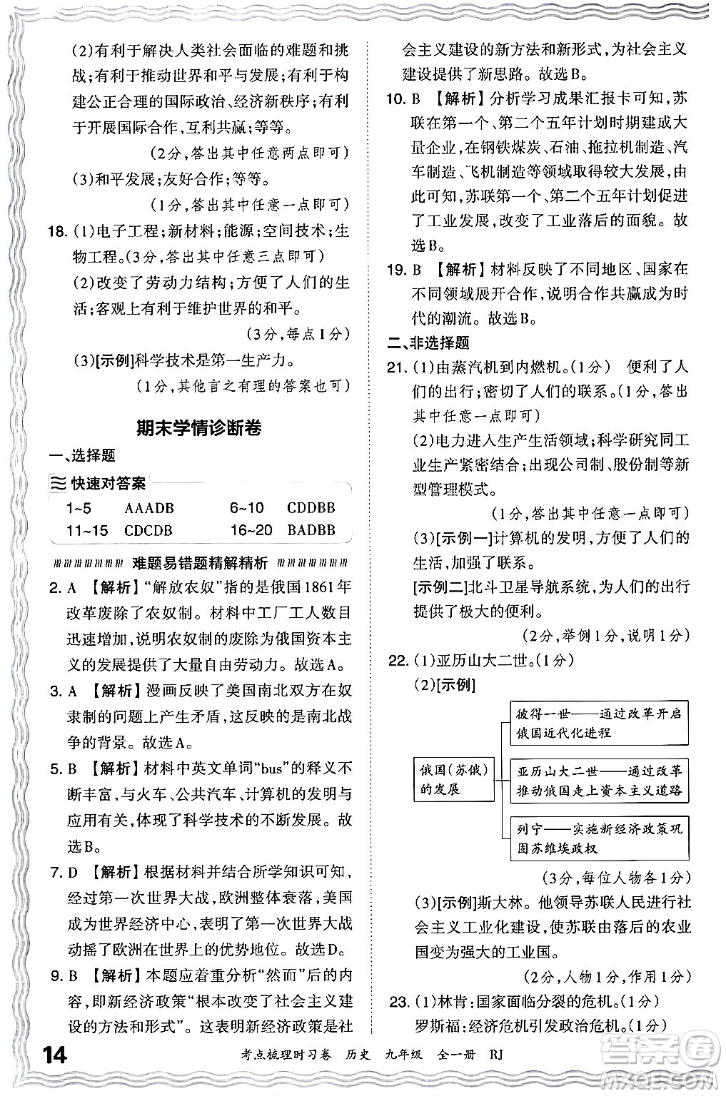 江西人民出版社2025年秋王朝霞考點梳理時習卷九年級歷史全一冊人教版答案