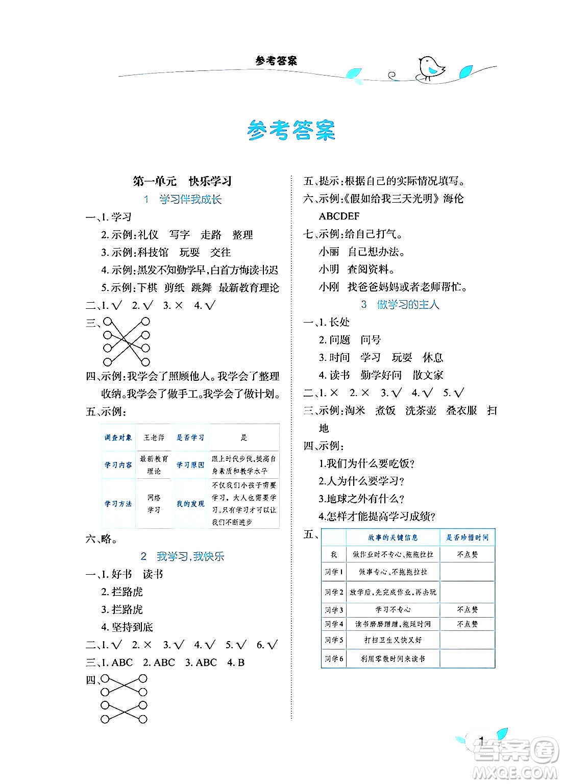 湖北教育出版社2024年秋長(zhǎng)江作業(yè)本課堂作業(yè)三年級(jí)道德與法治上冊(cè)人教版答案