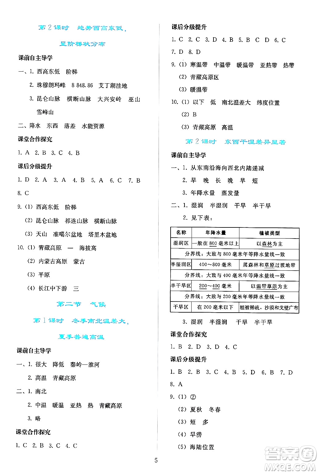 人民教育出版社2024年秋同步輕松練習(xí)八年級地理上冊人教版答案