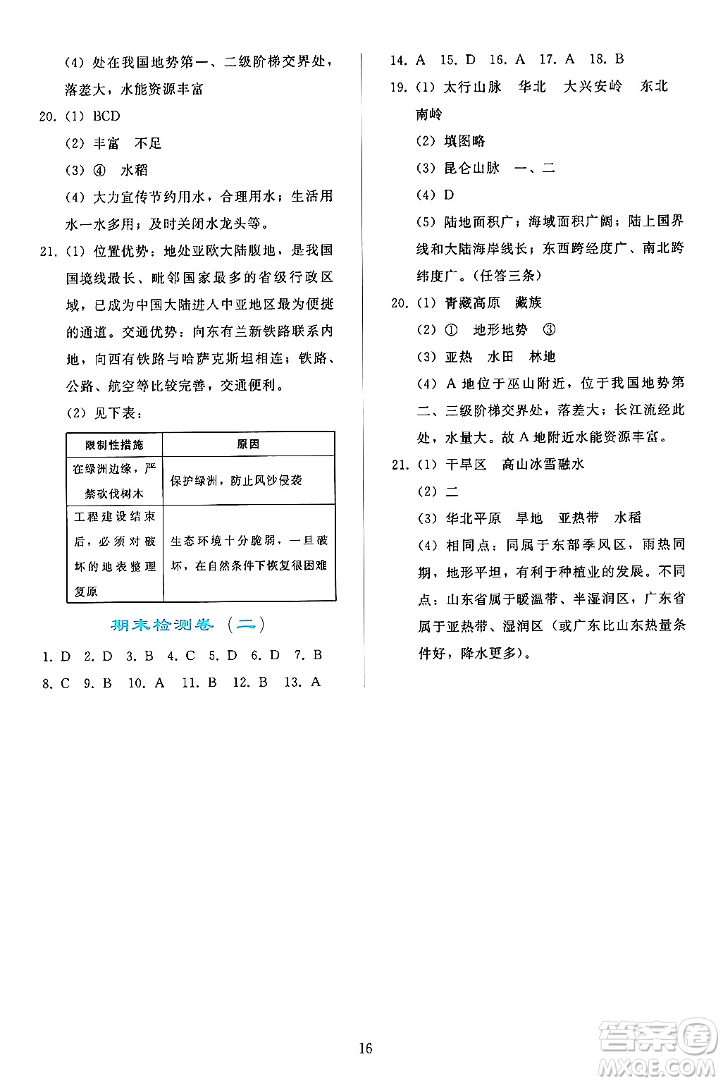 人民教育出版社2024年秋同步輕松練習(xí)八年級地理上冊人教版答案