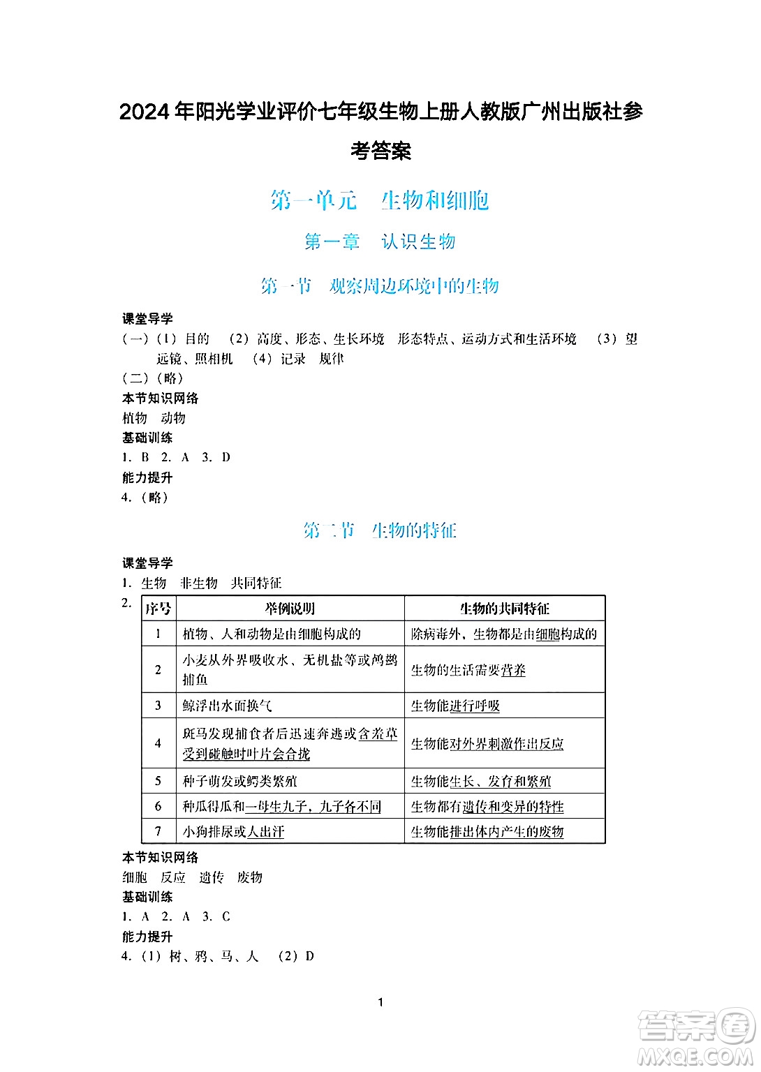 廣州出版社2024年秋陽光學(xué)業(yè)評價七年級生物上冊人教版答案