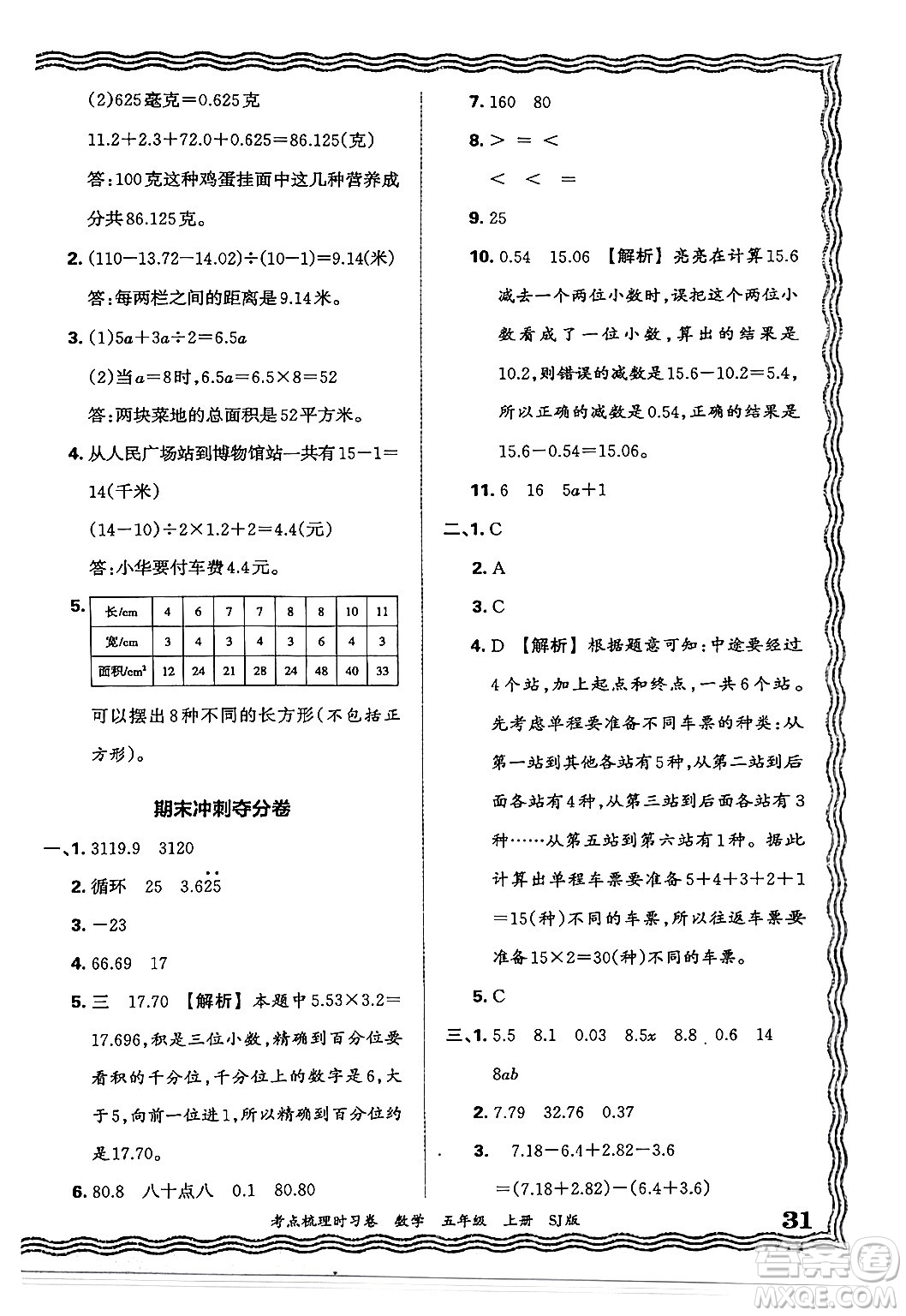 江西人民出版社2024年秋王朝霞考點梳理時習卷五年級數(shù)學上冊蘇教版答案