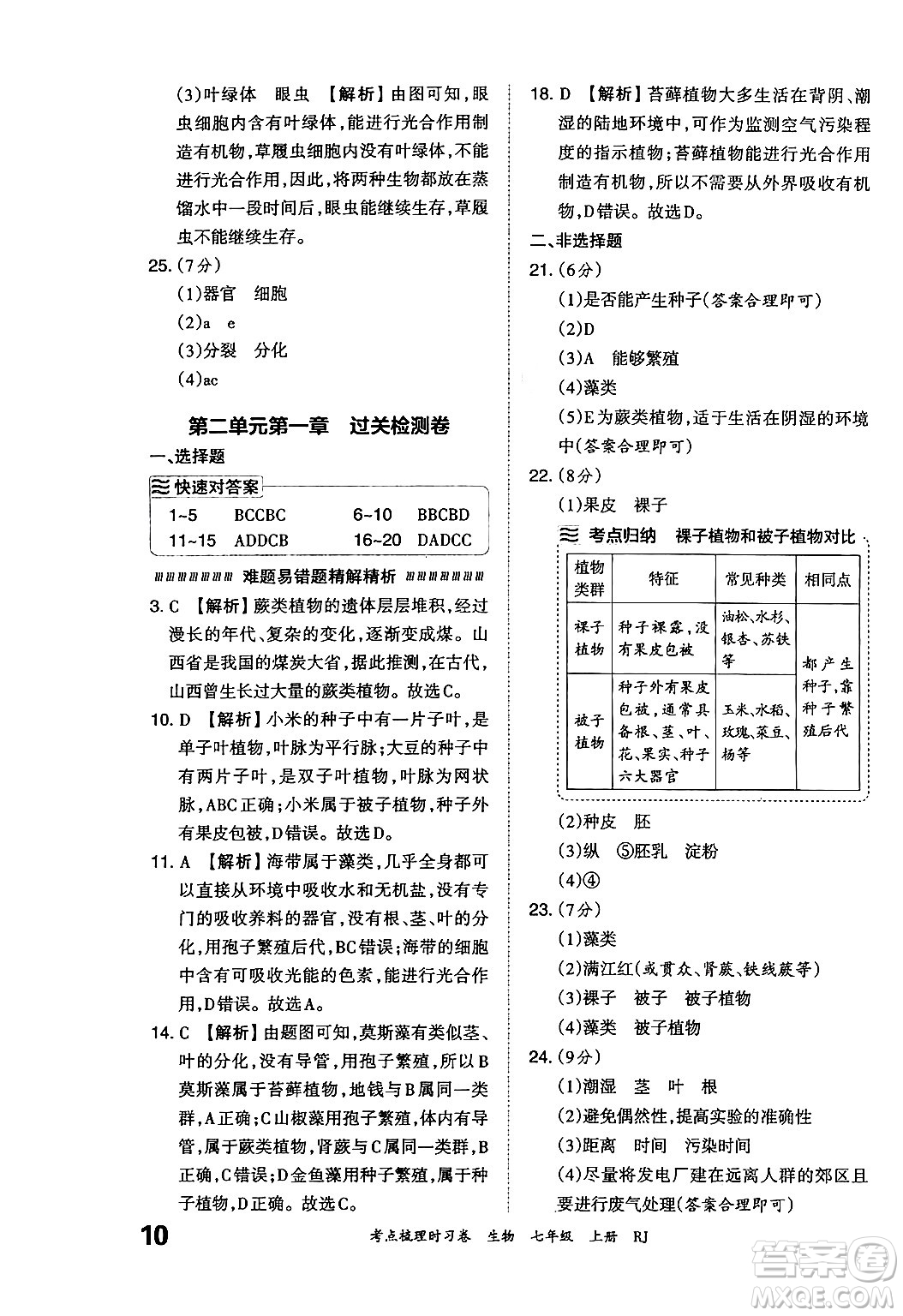 江西人民出版社2024年秋王朝霞考點梳理時習(xí)卷七年級生物上冊人教版答案